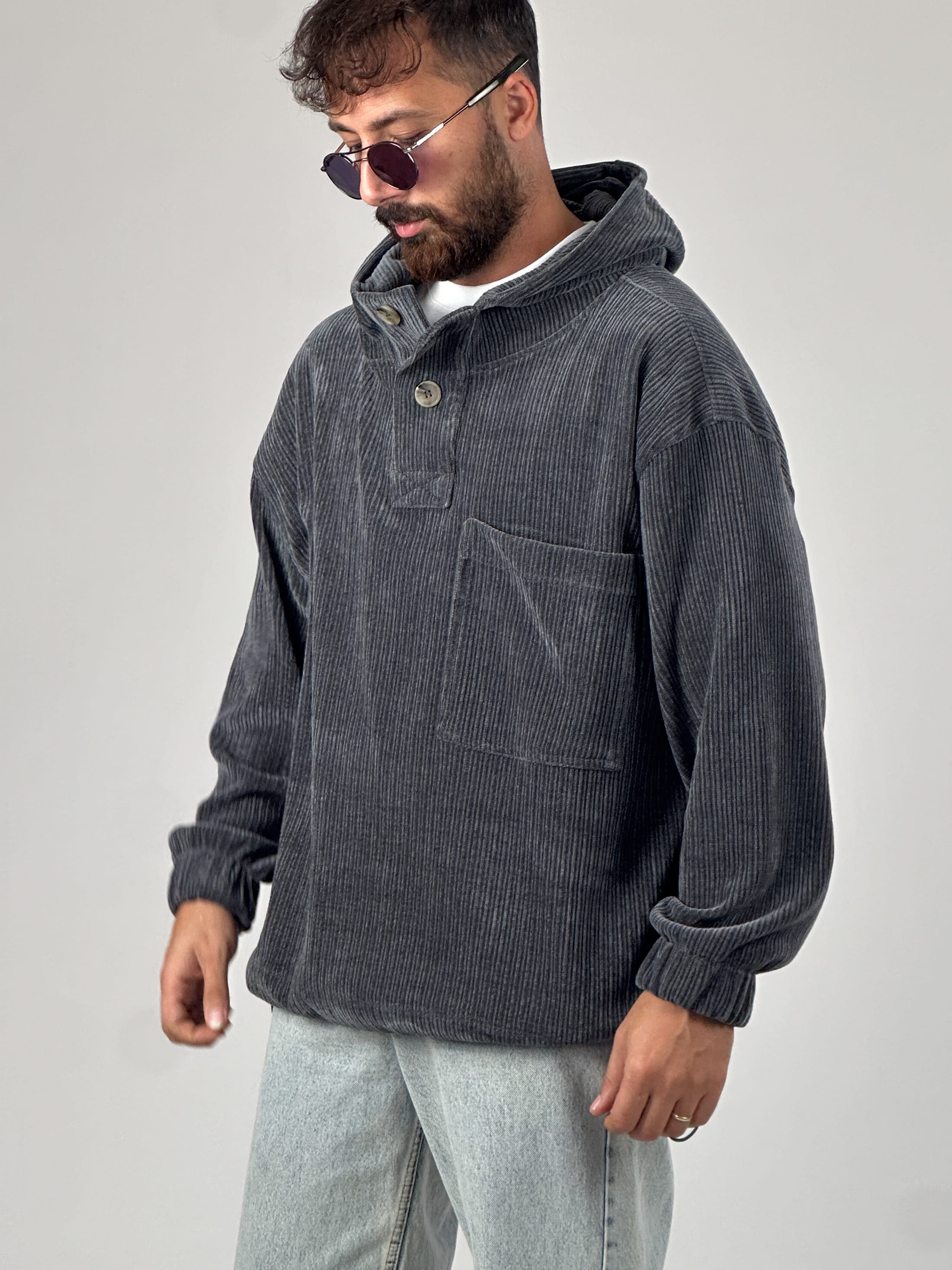 Kadife Dokulu Antrasit Oversize Kapüşonlu Erkek Sweatshirt