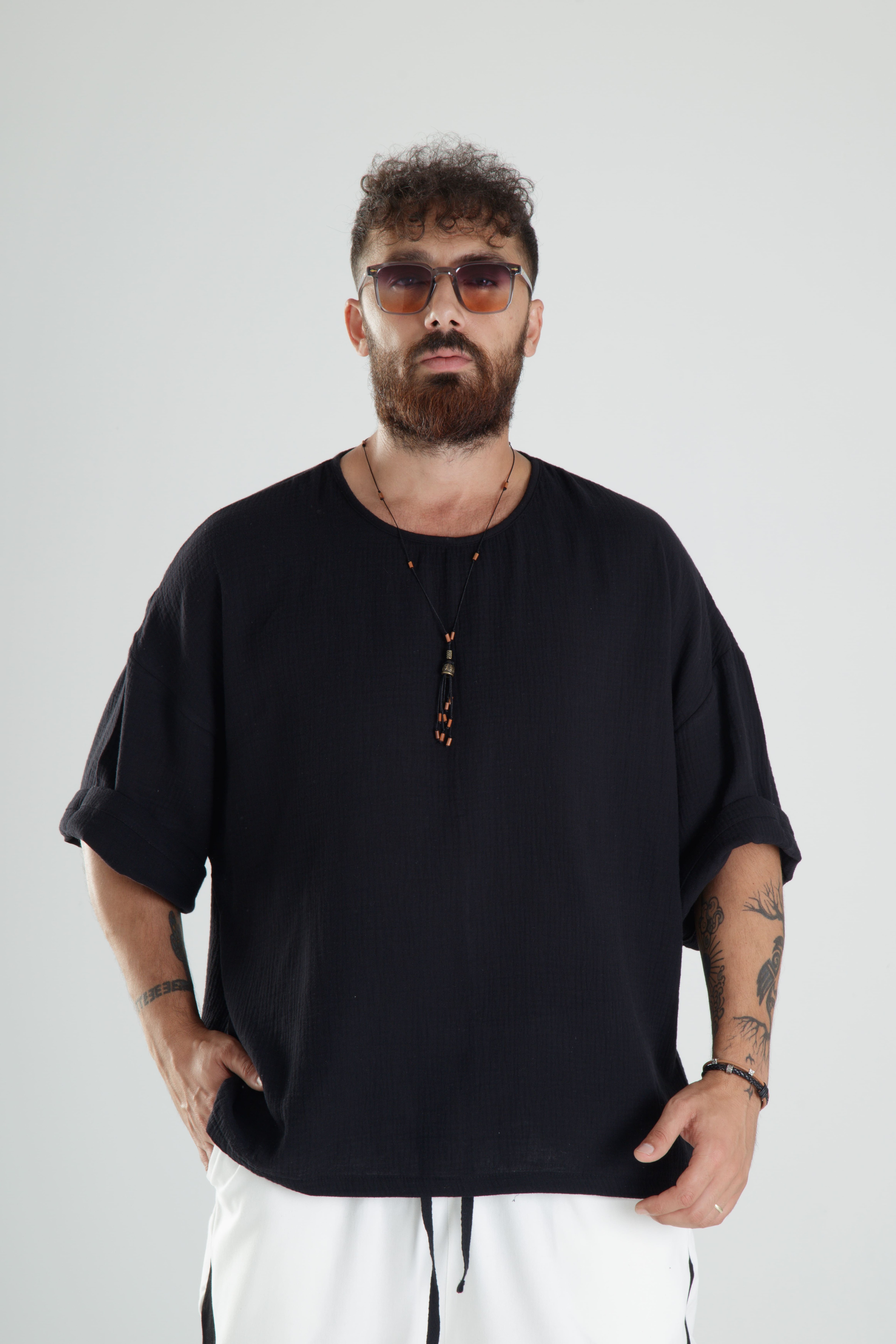 Siyah Müslin Kumaş Oversize Fakir Kol T-Shirt