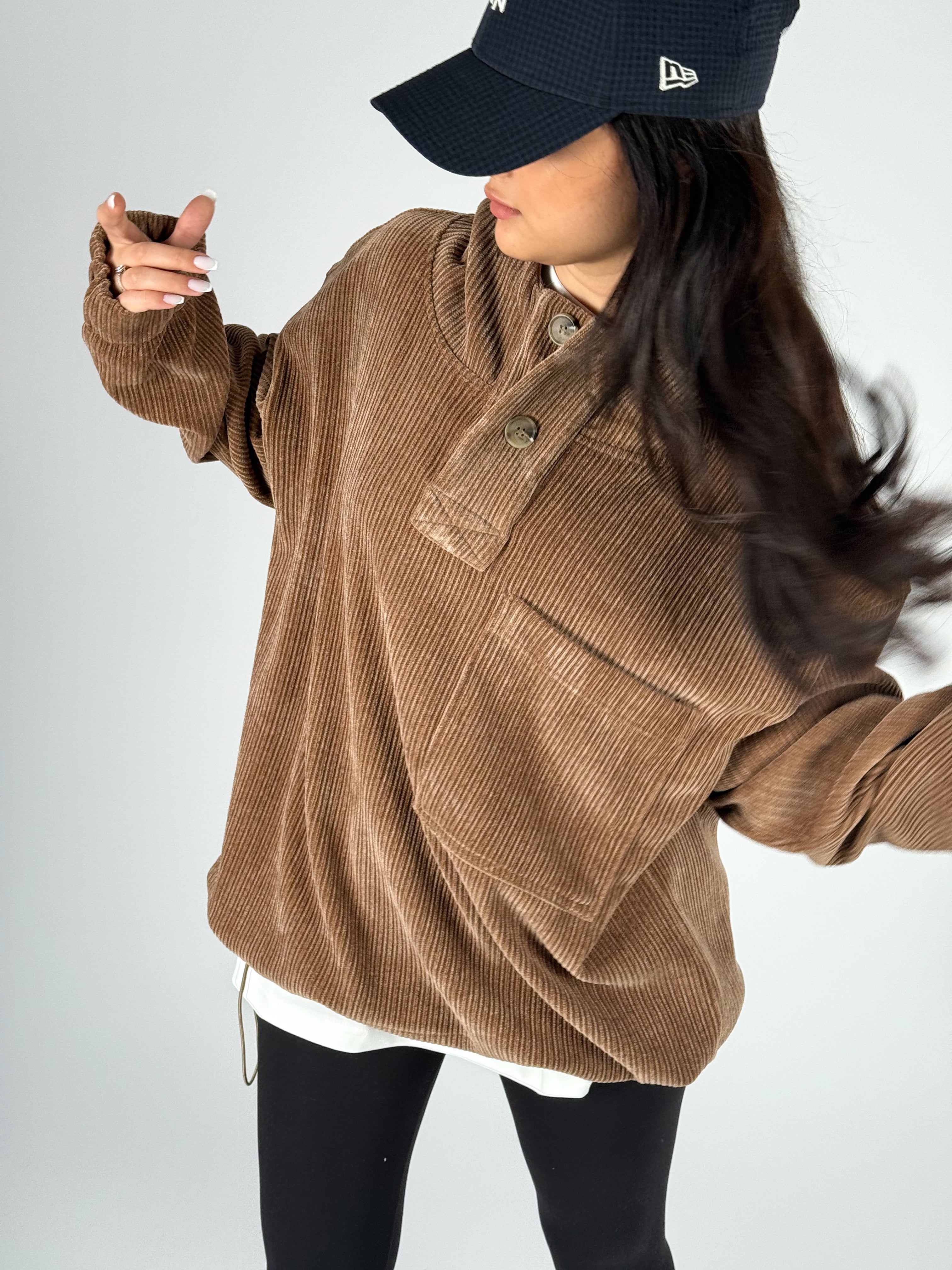 Kadife Dokulu Kahve Oversize Kapüşonlu Kadın Sweatshirt