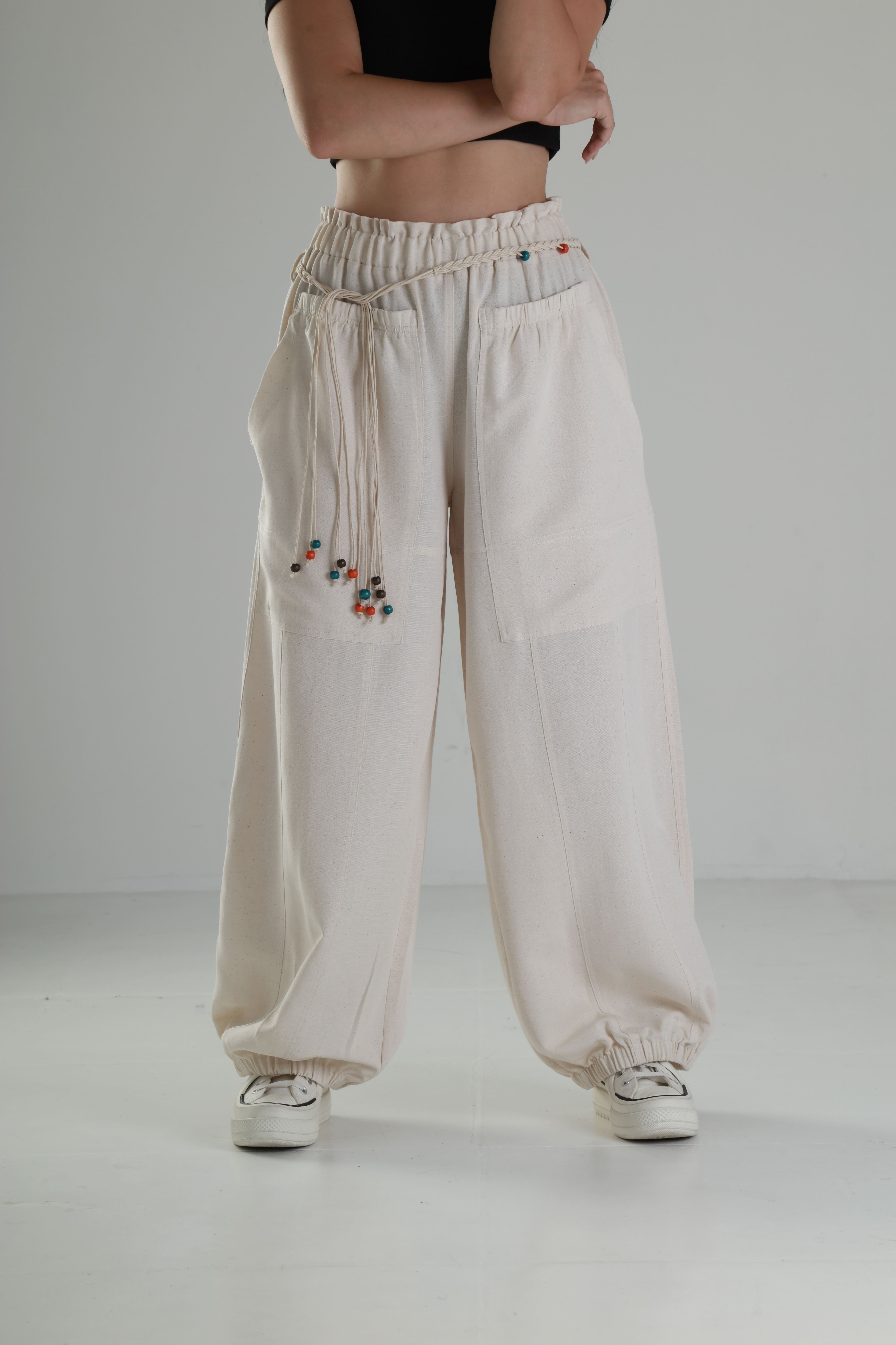 Tasarım Keten Bej Baggy Pantolon
