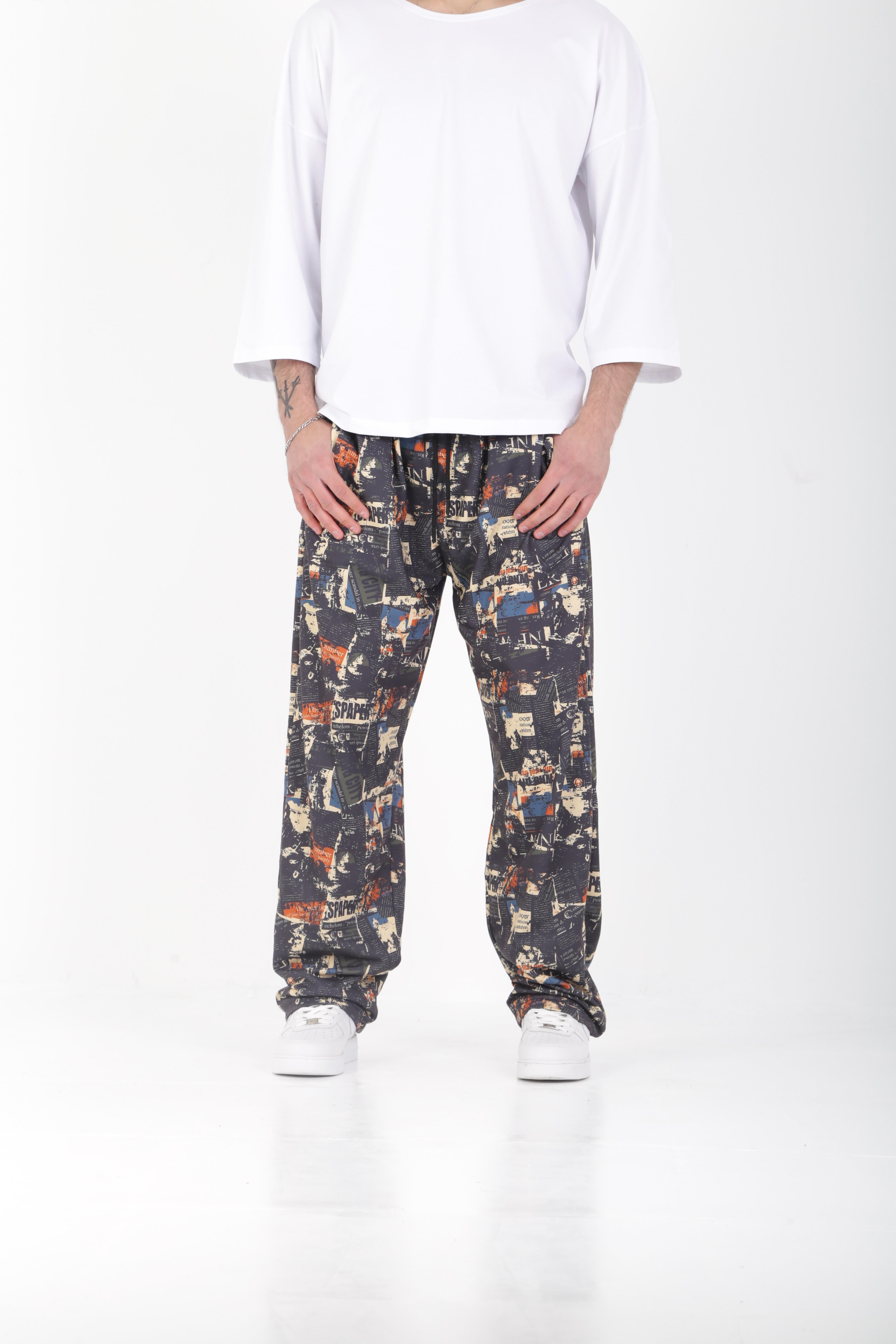 Gazete Desenli Baggy Pantolon