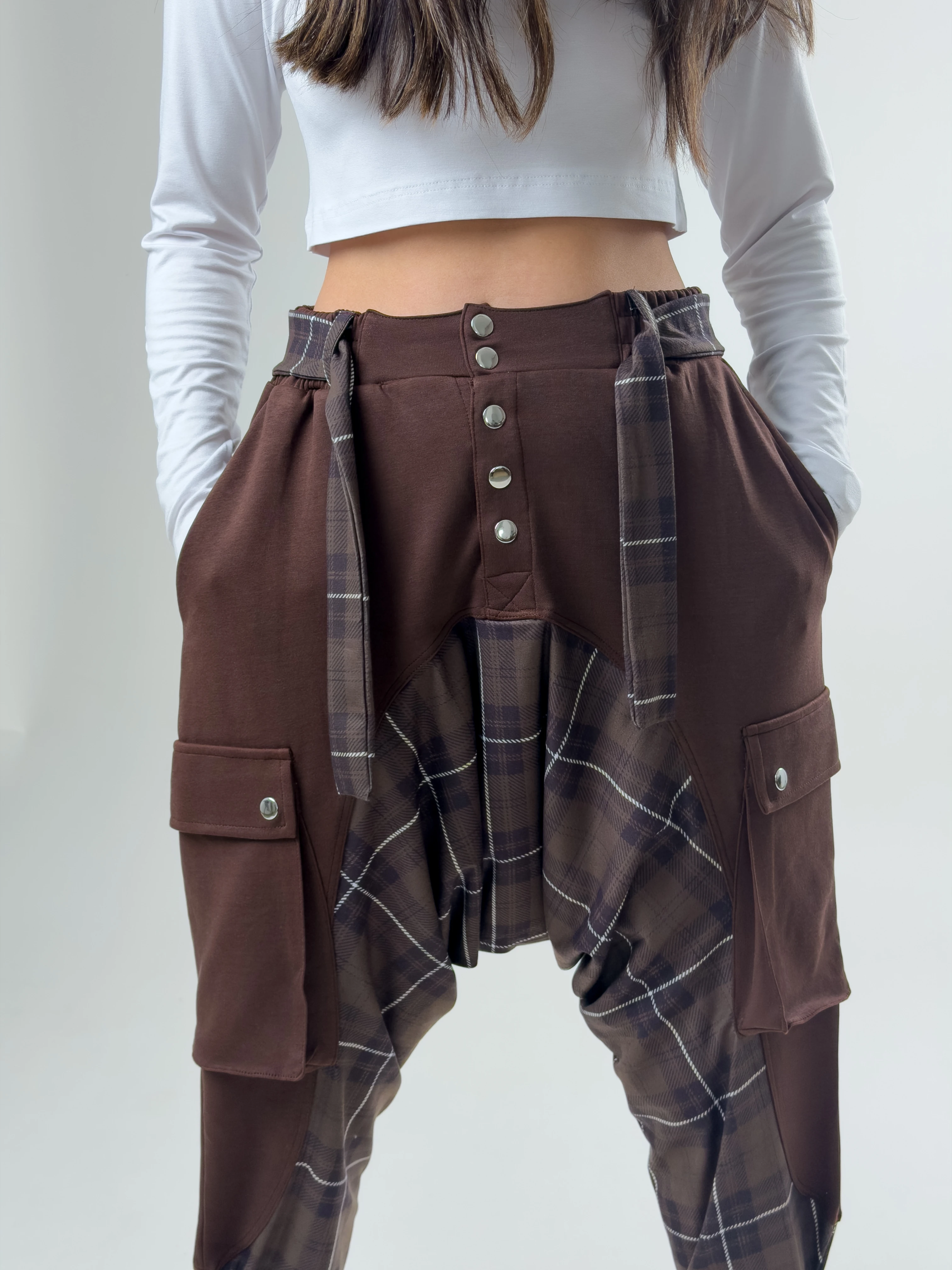 Garni Tasarım Kadın Kahve Ekose Desenli Spor Şalvar COC2618