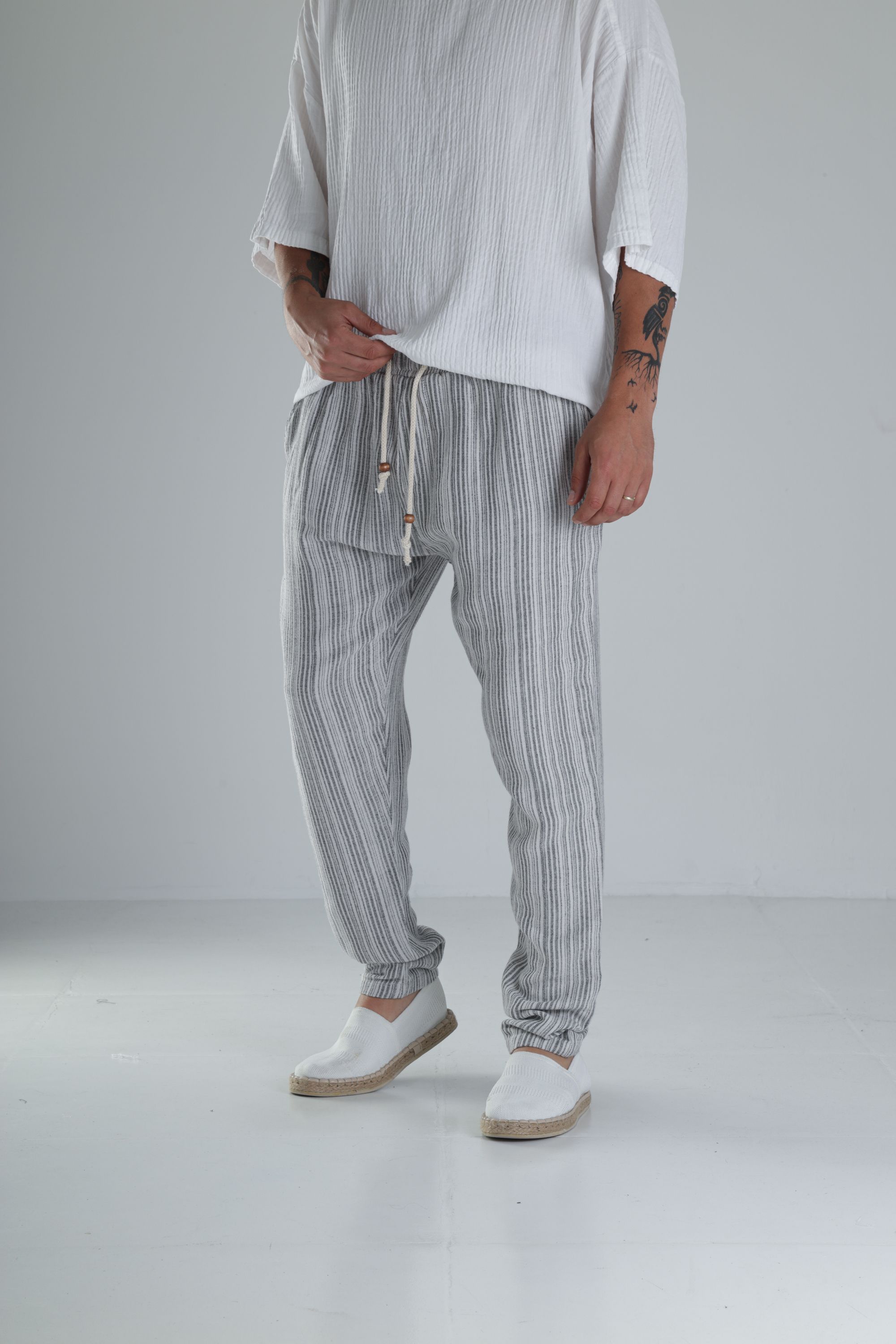 Gri Çizgili Müslin Keten Baggy Pantolon