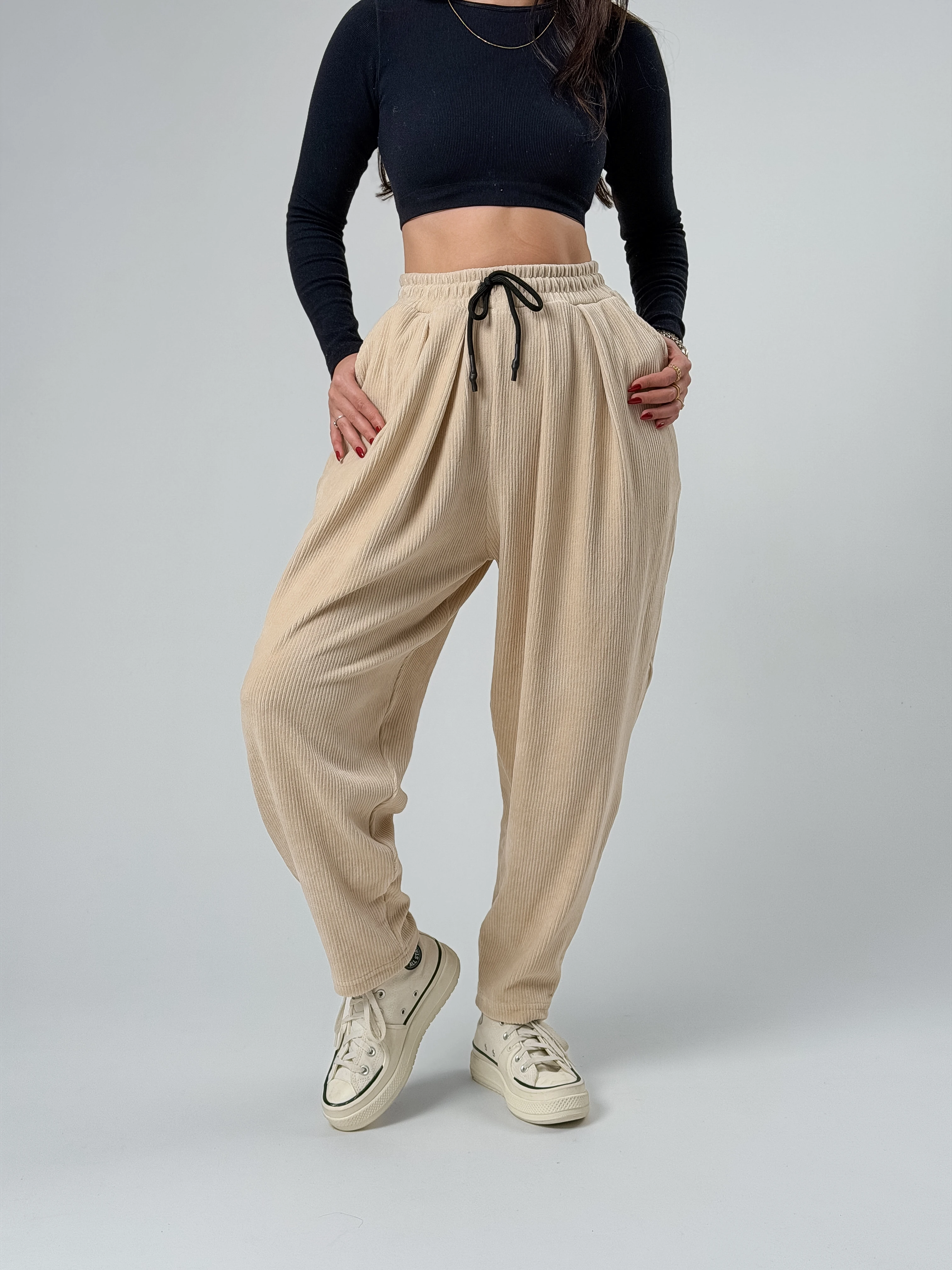 Bej Pileli Kadın Jogger Pantolon COC2561