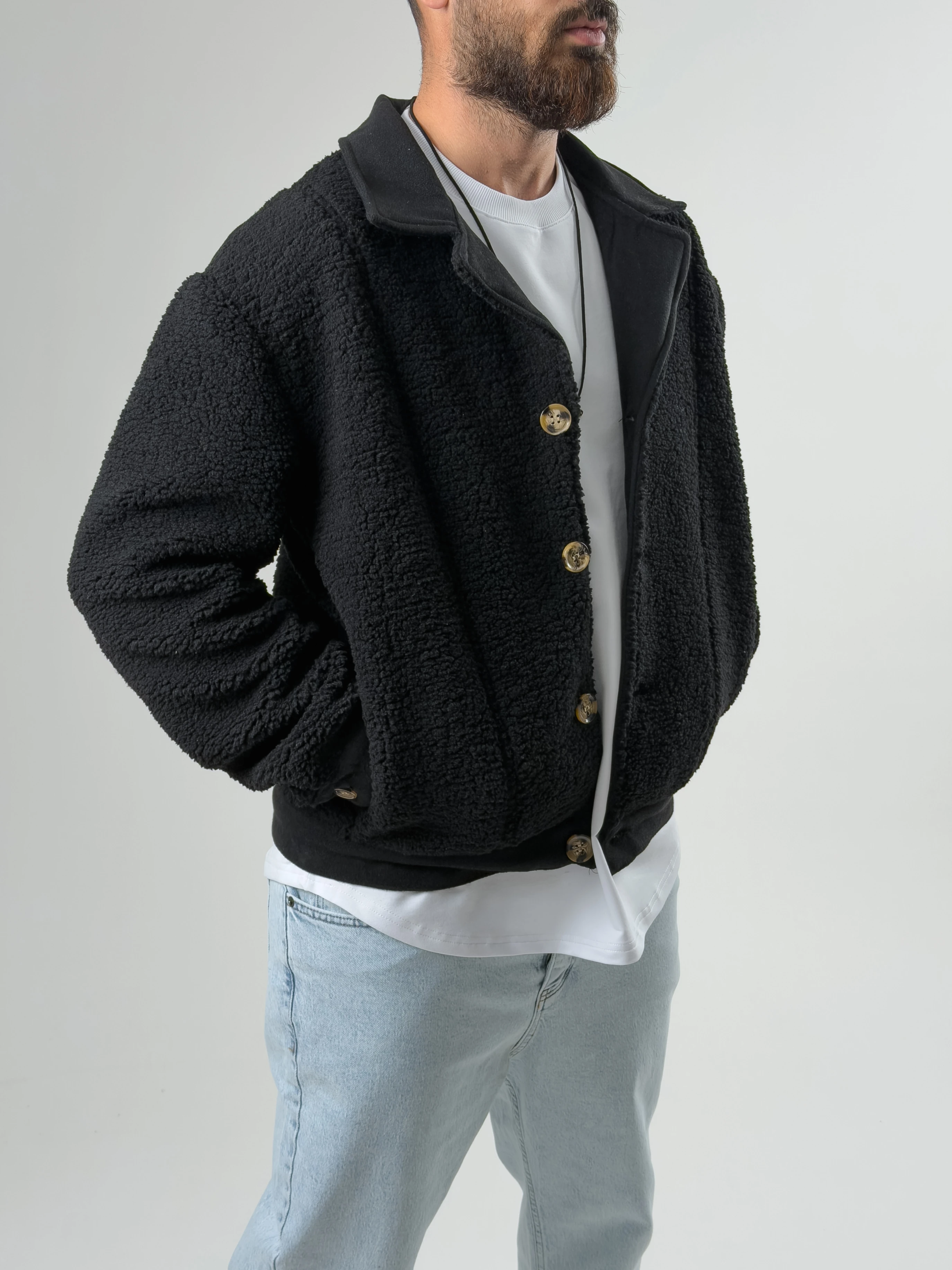 Erkek Kaşe Detaylı Siyah Peluş Hırka COC2586