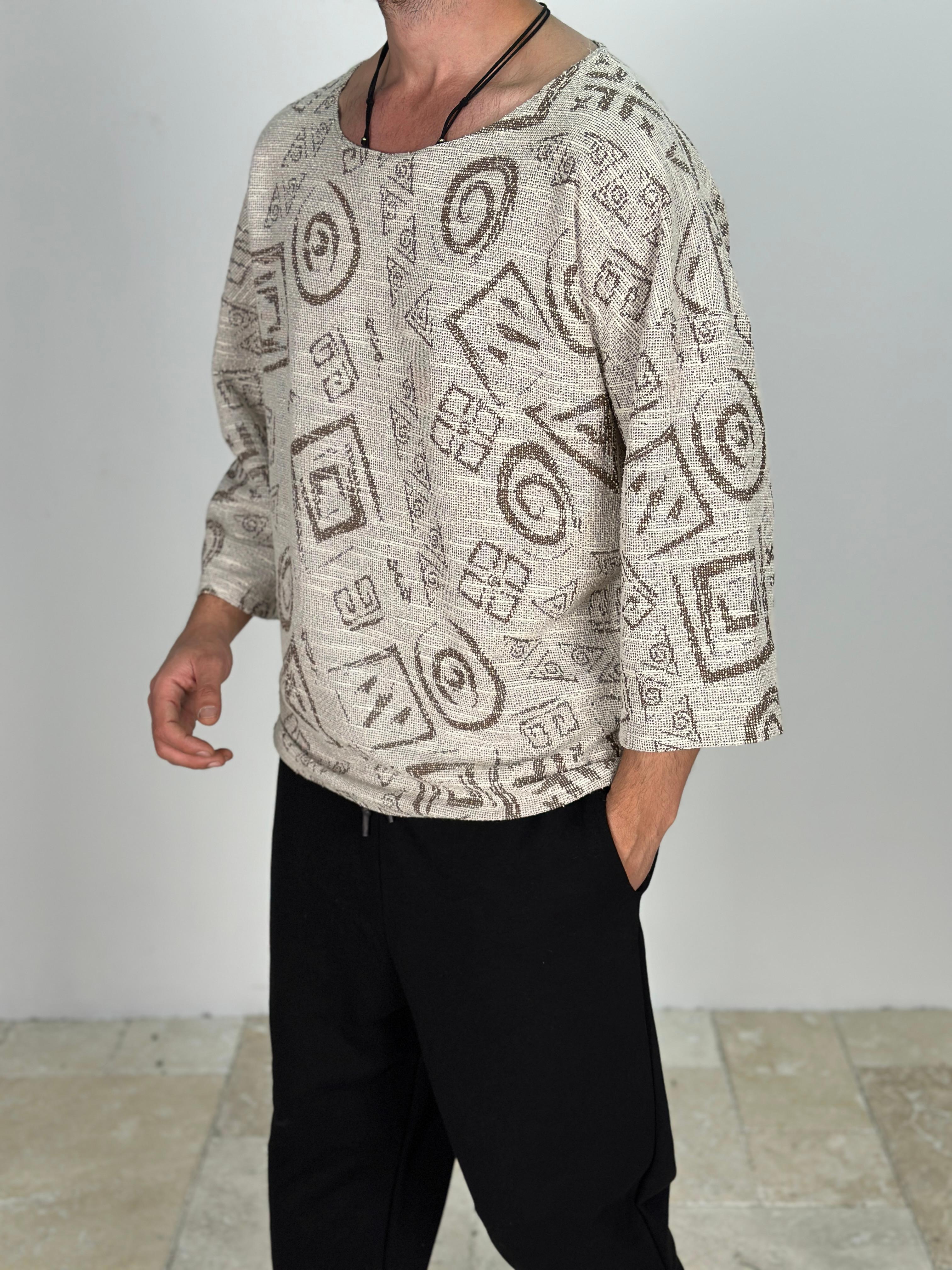 Spiral Desenli Fakir Kol T-Shirt