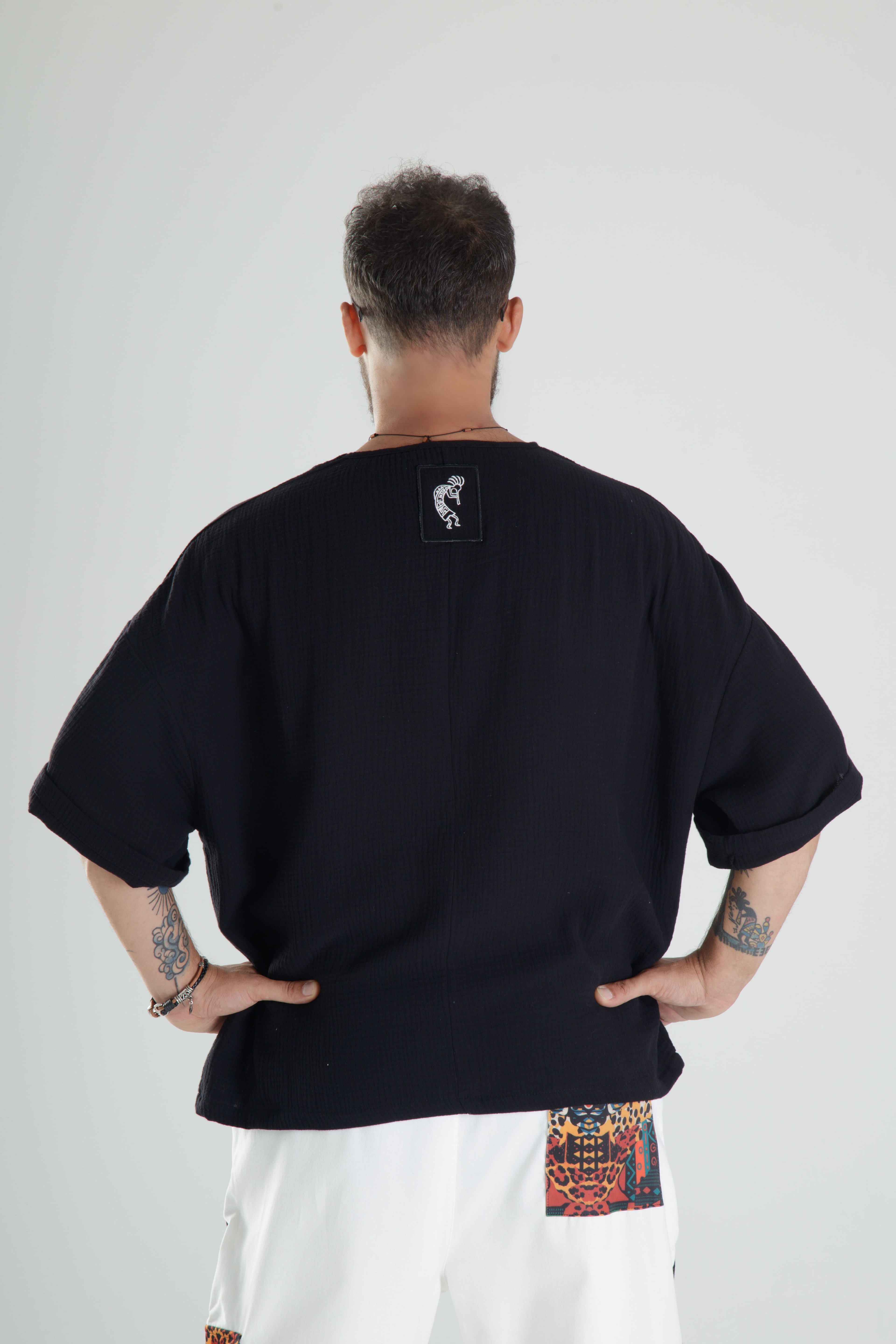 Siyah Müslin Kumaş Oversize Fakir Kol T-Shirt