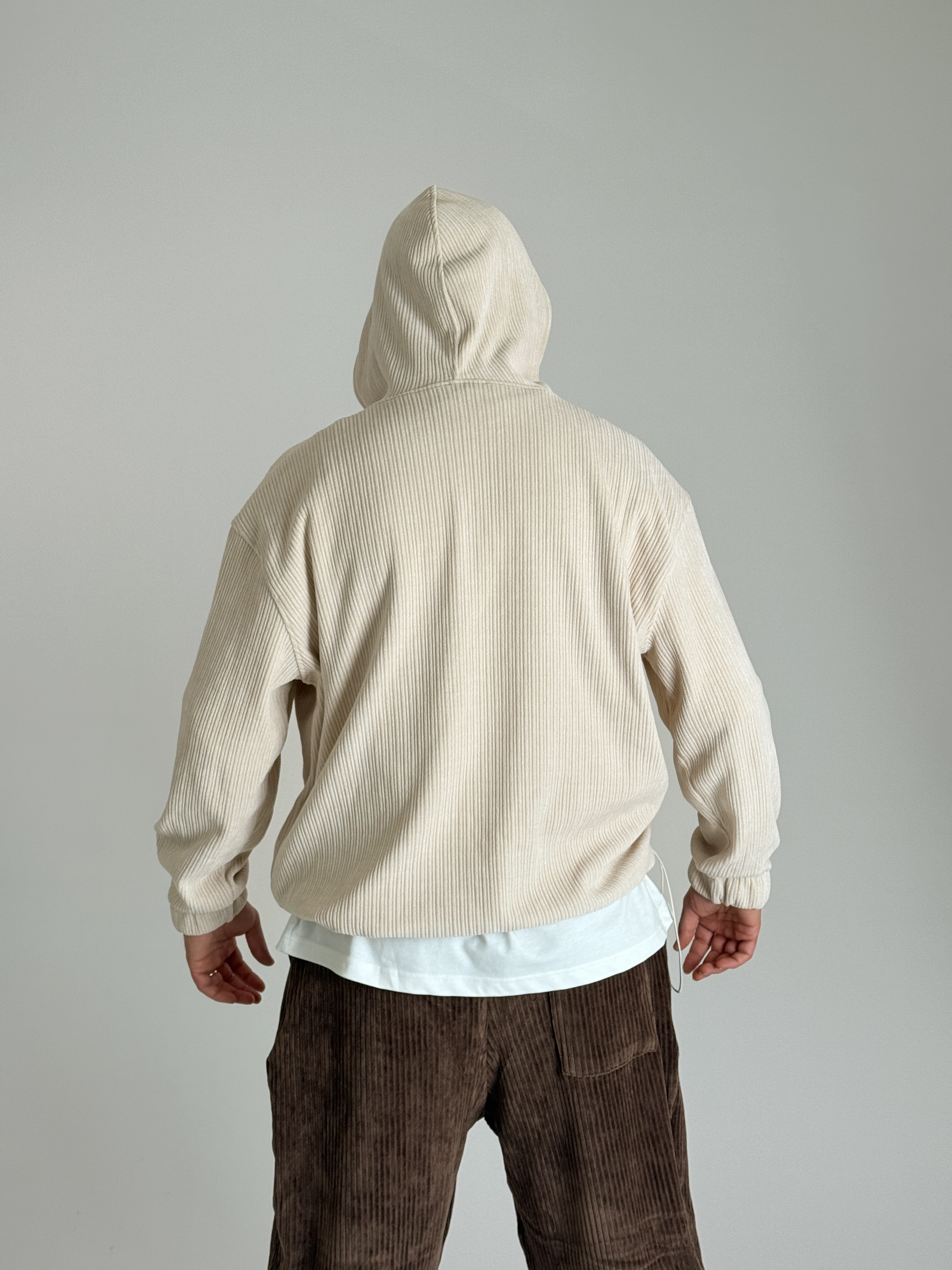 Kadife Dokulu Bej Oversize Kapüşonlu Erkek Sweatshirt