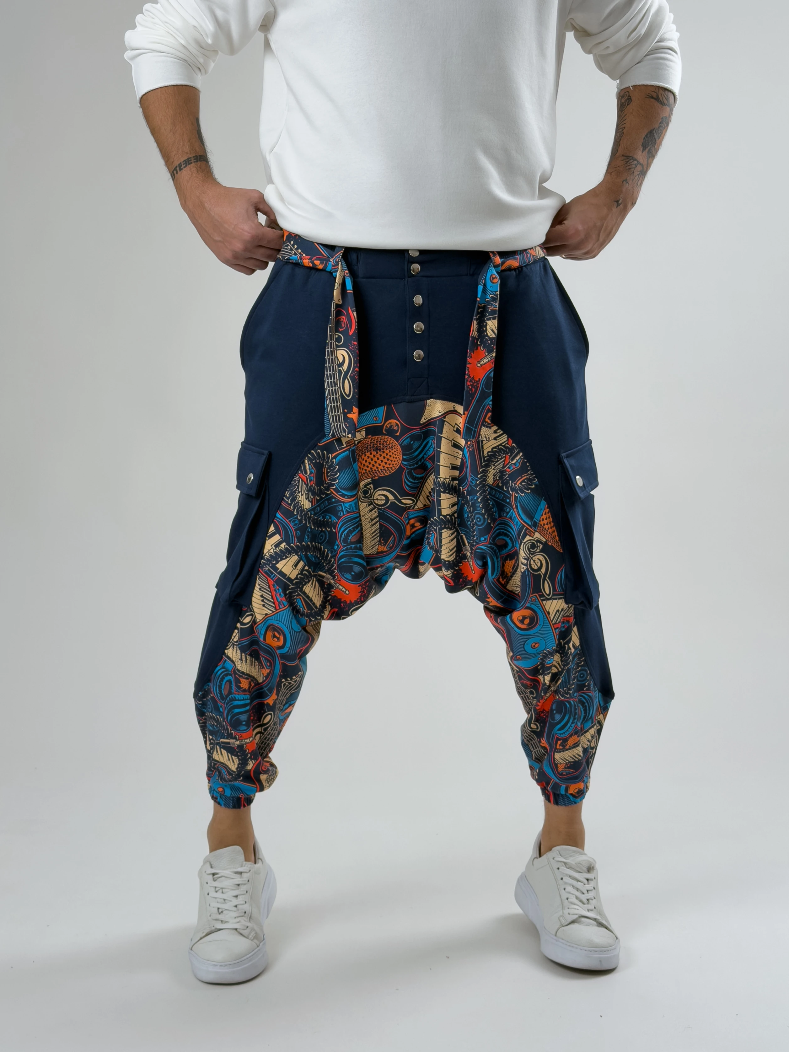 Garni Tasarım Erkek Müzik Desenli Lacivert Spor Şalvar COC2617