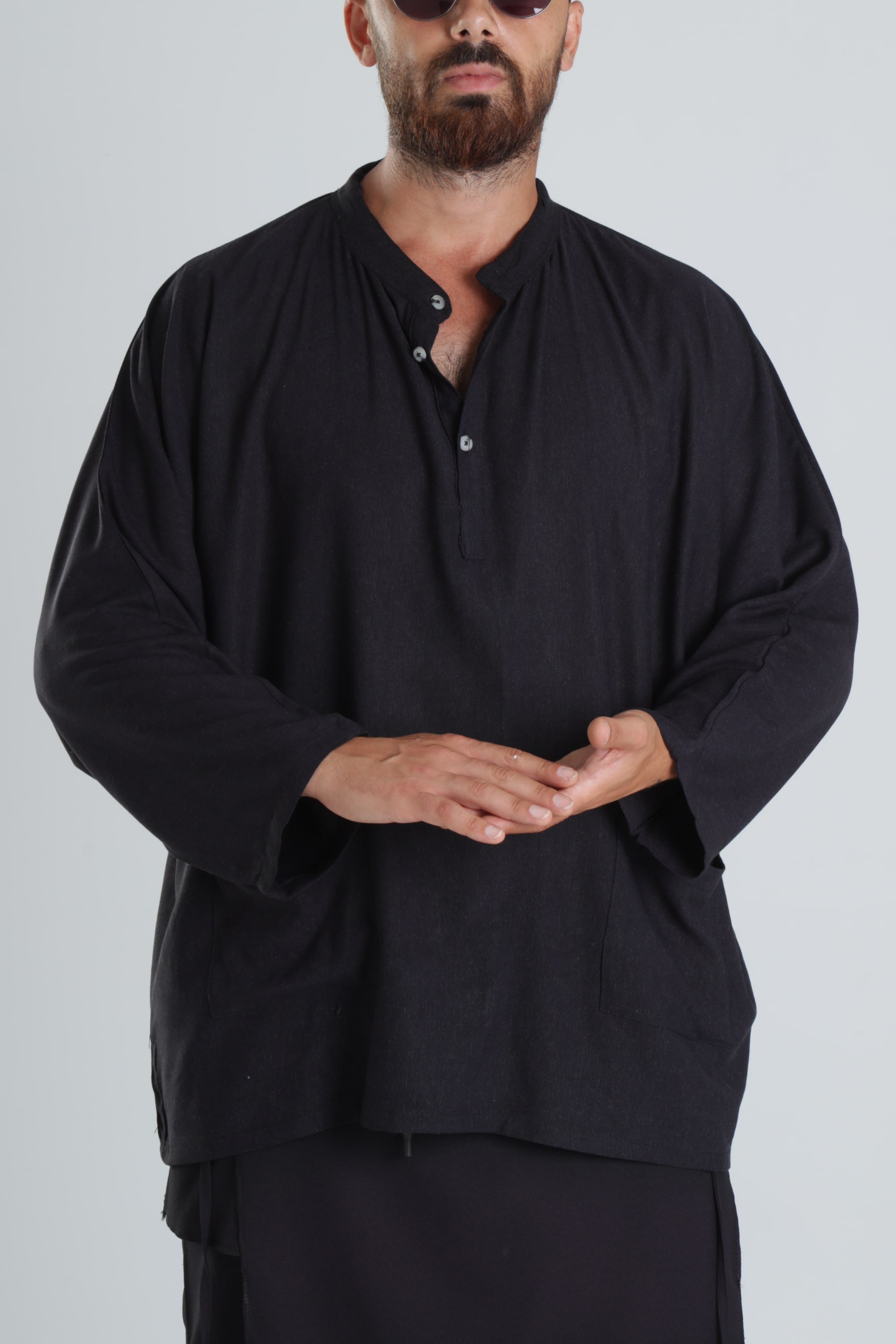 Keten Kumaş Oversize Siyah Tasarım T-Shirt