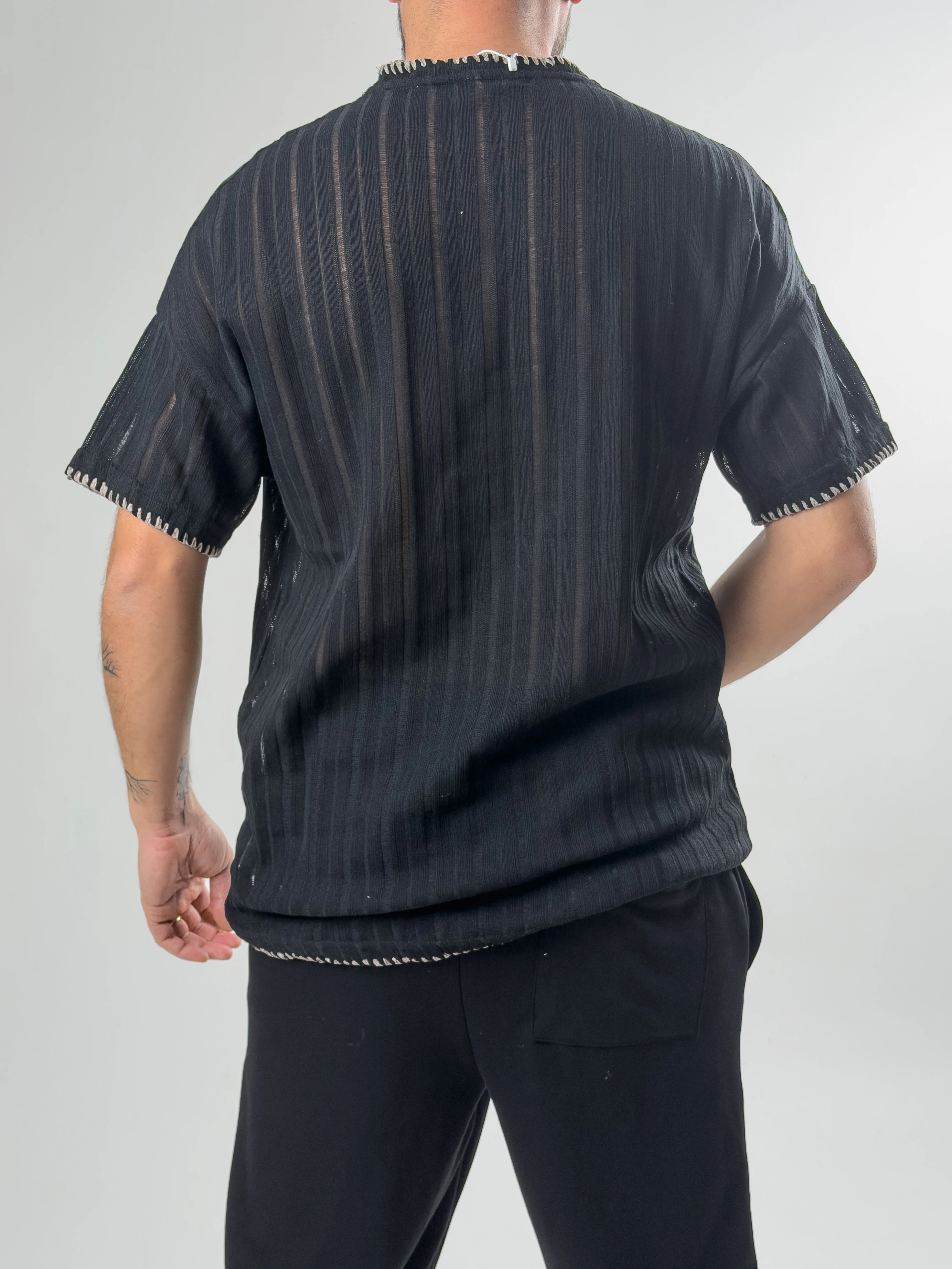 Yaka İp Detaylı Tasarım Erkek Siyah T-Shirt COC2611