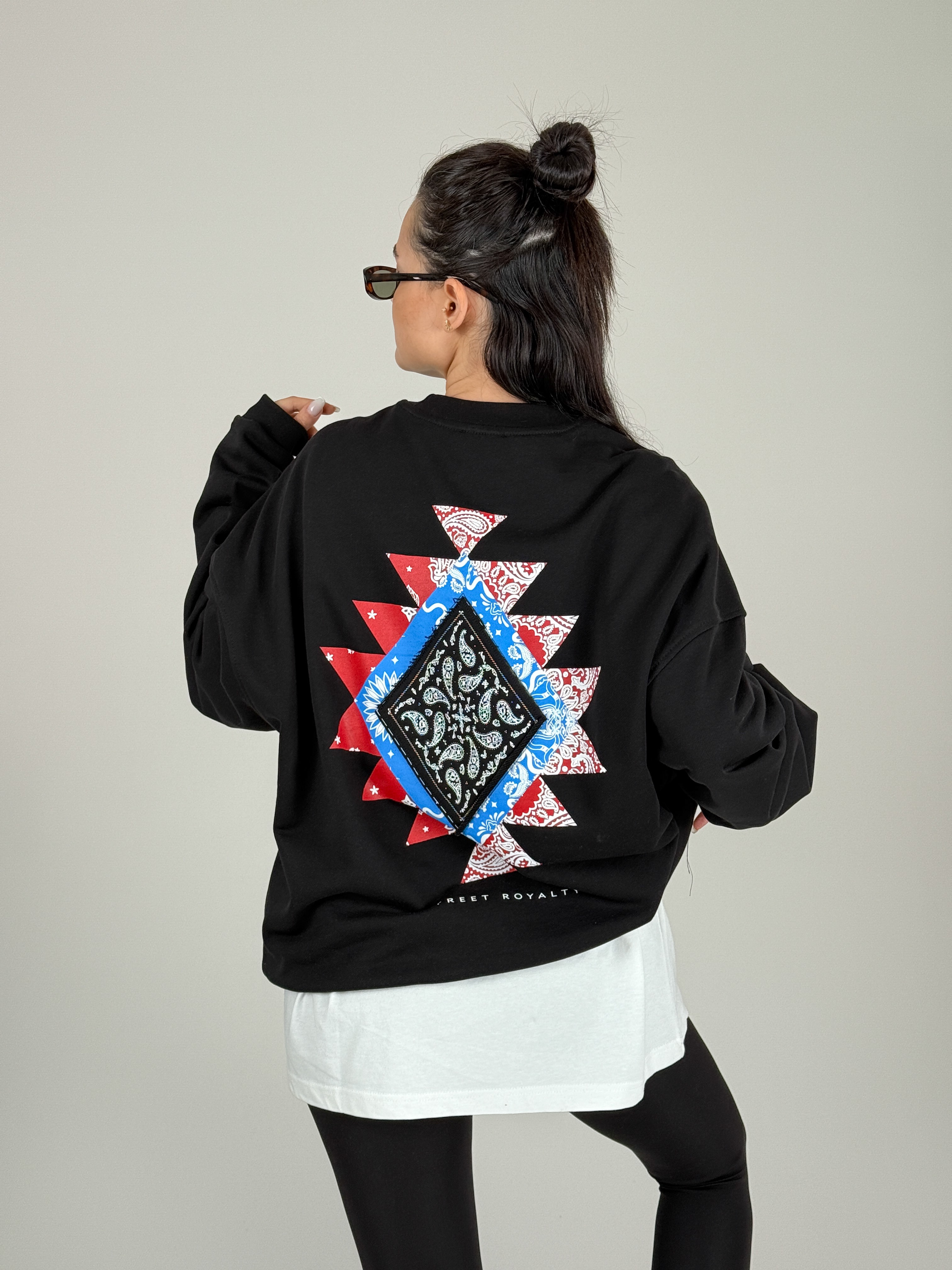 Etnik Desenli Siyah Kadın Sweatshirt