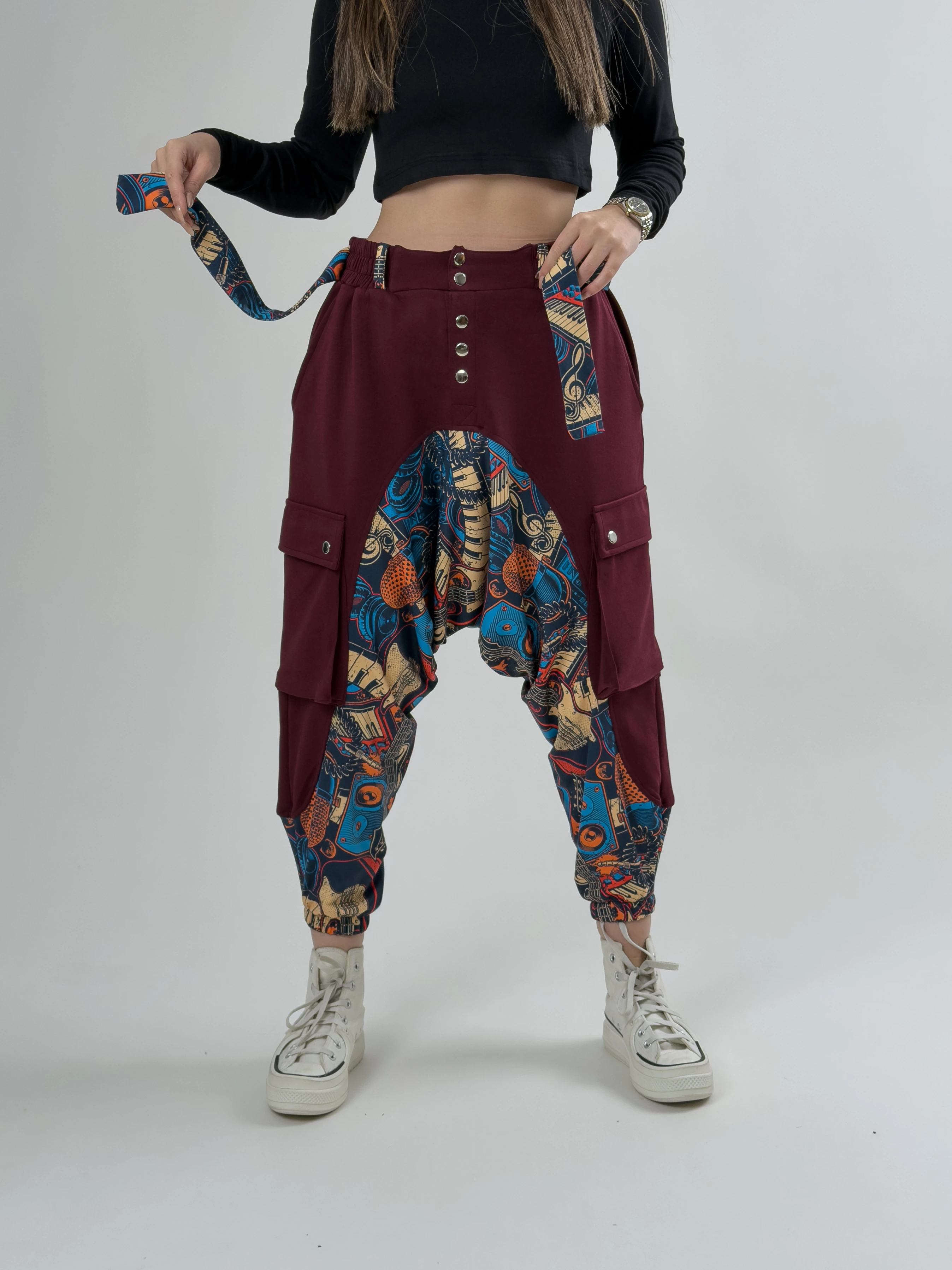 Garni Tasarım Kadın Bordo Müzik Desenli Spor Şalvar COC2621