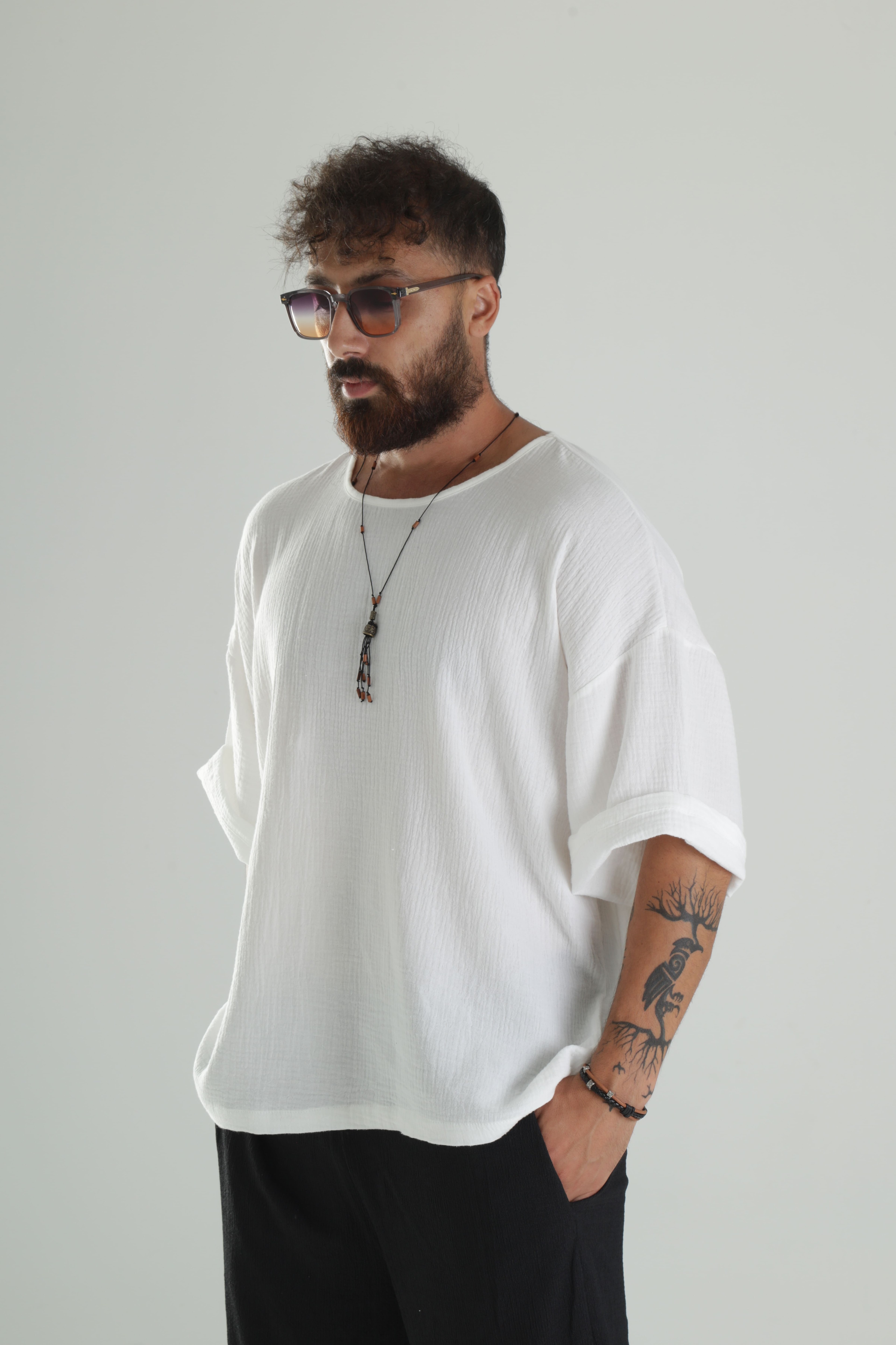 Beyaz Müslin Kumaş Oversize Fakir Kol T-Shirt