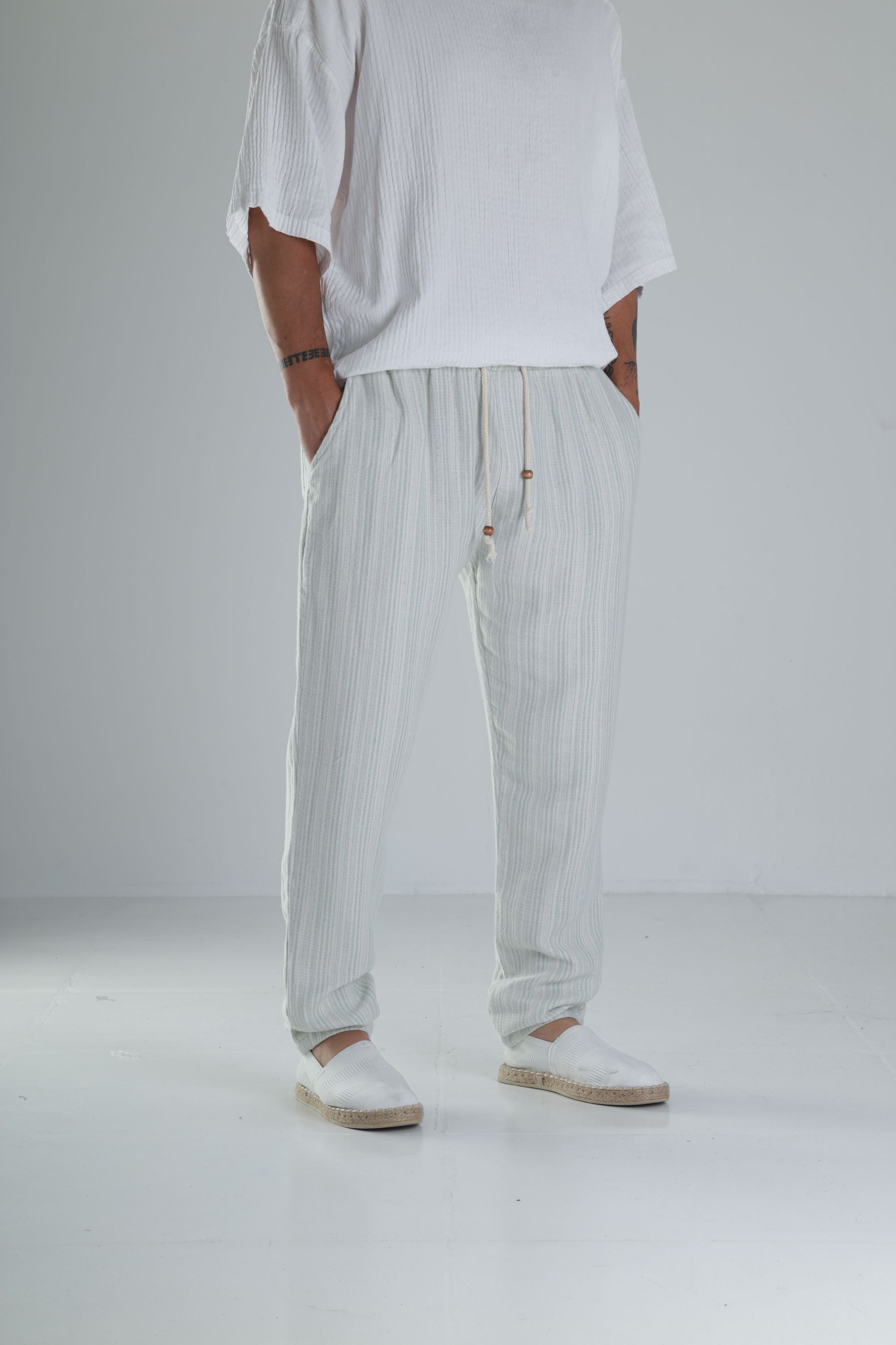 Yeşil Çizgili Müslin Keten Baggy Pantolon