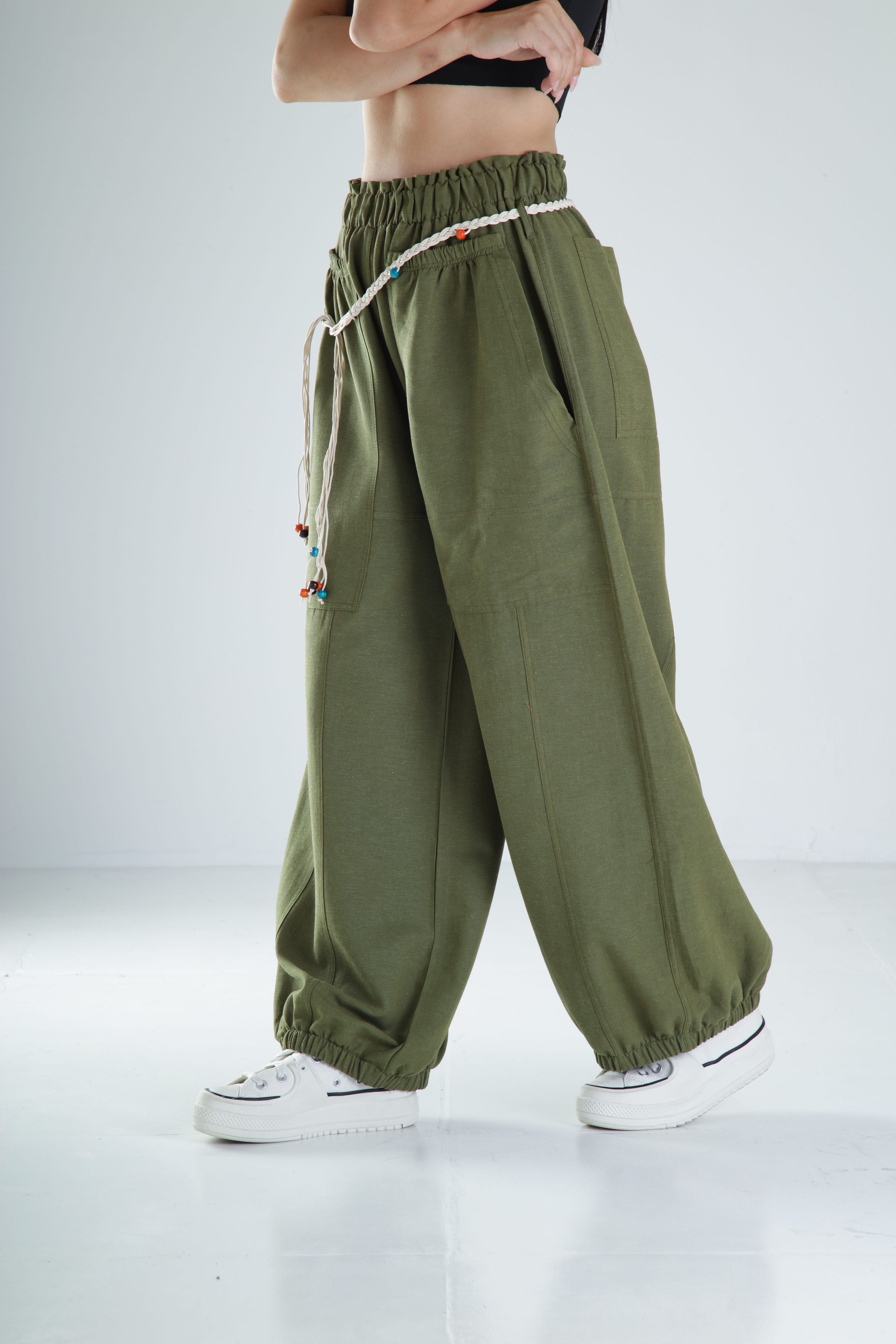 Tasarım Keten Haki Baggy Pantolon
