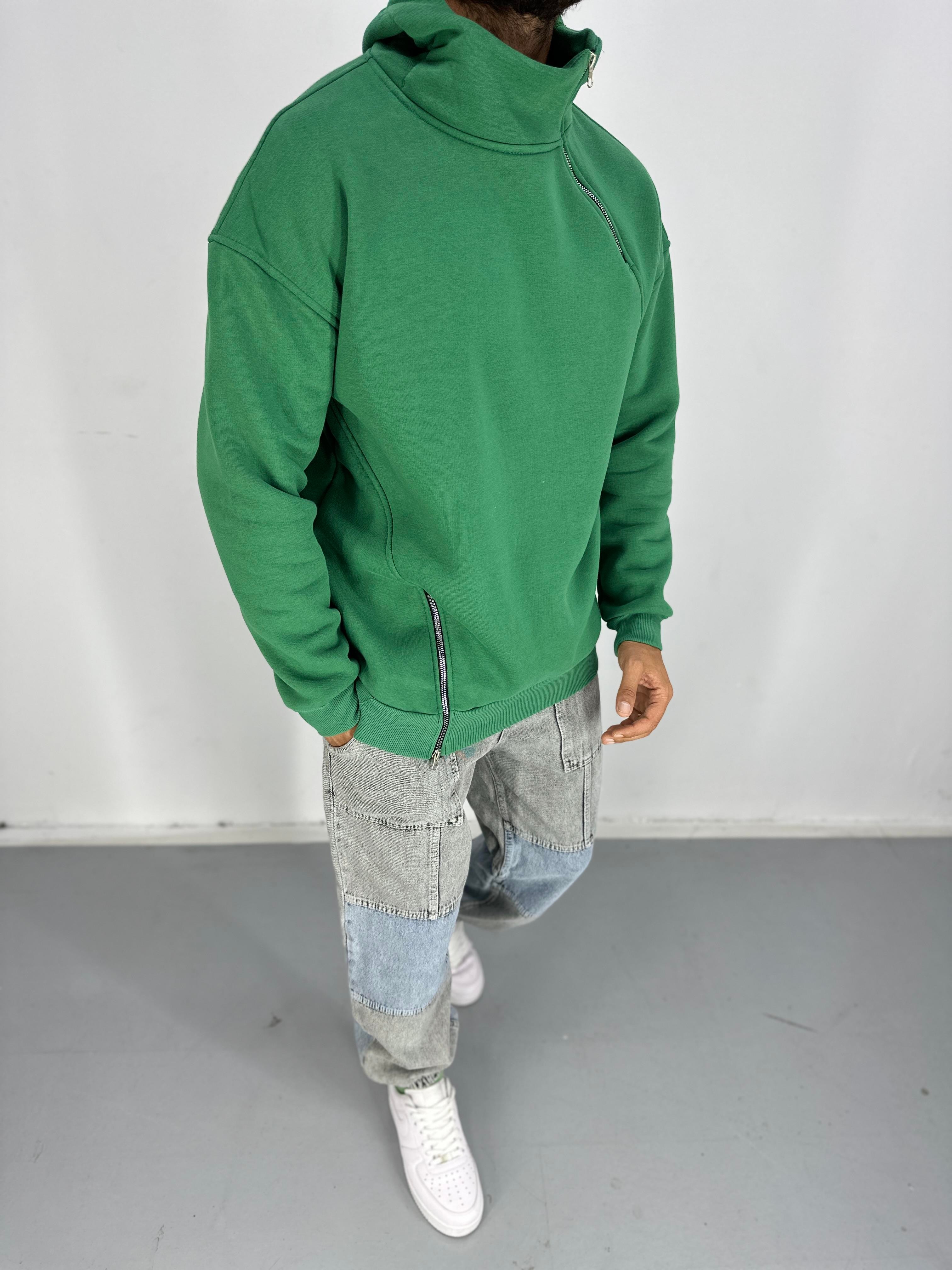 Erkek Üç İplik Şardonlu Fermuarlı Yeşil Hoodie