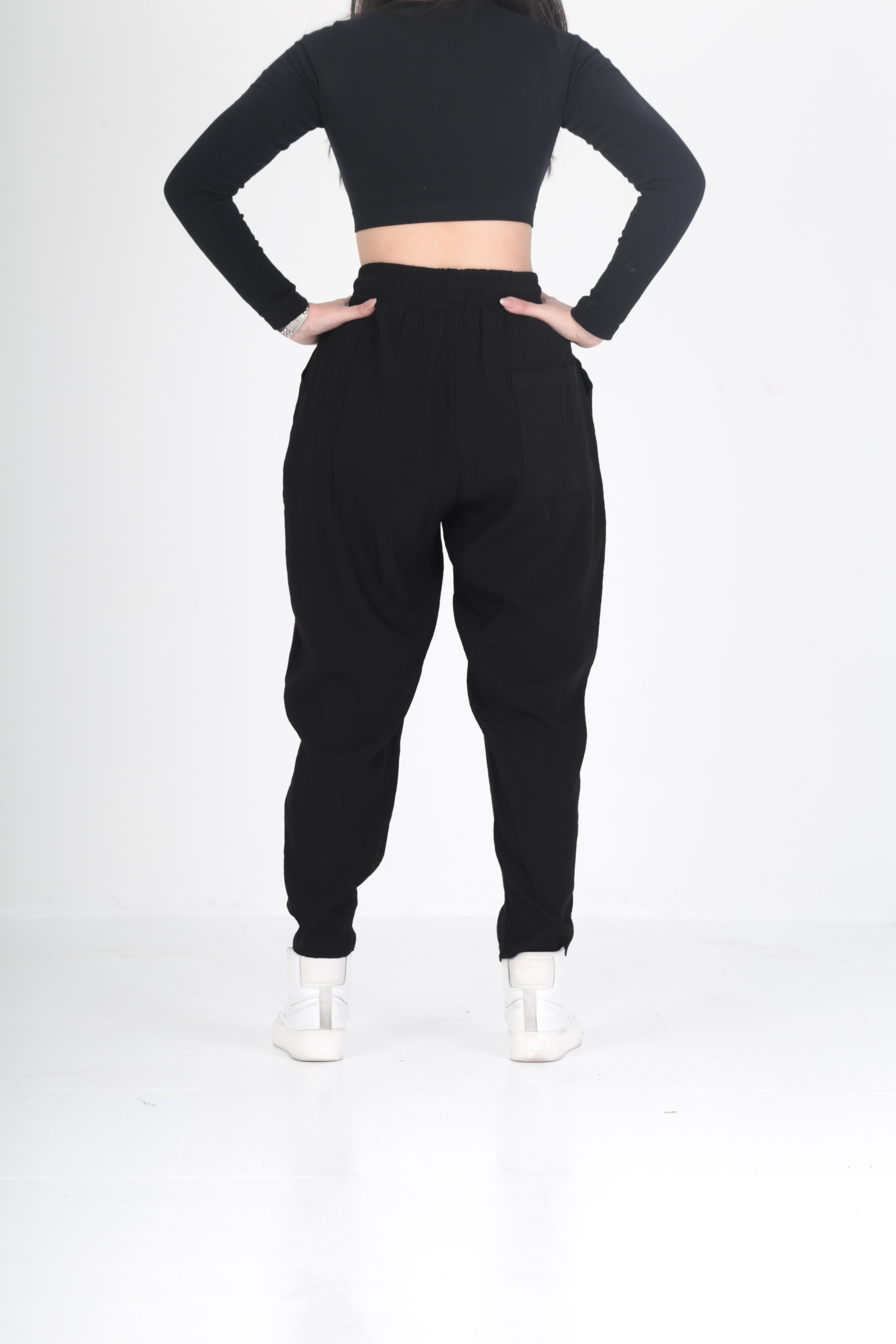 Bürümcük Kumaş Siyah Pileli Jogger Pantolon