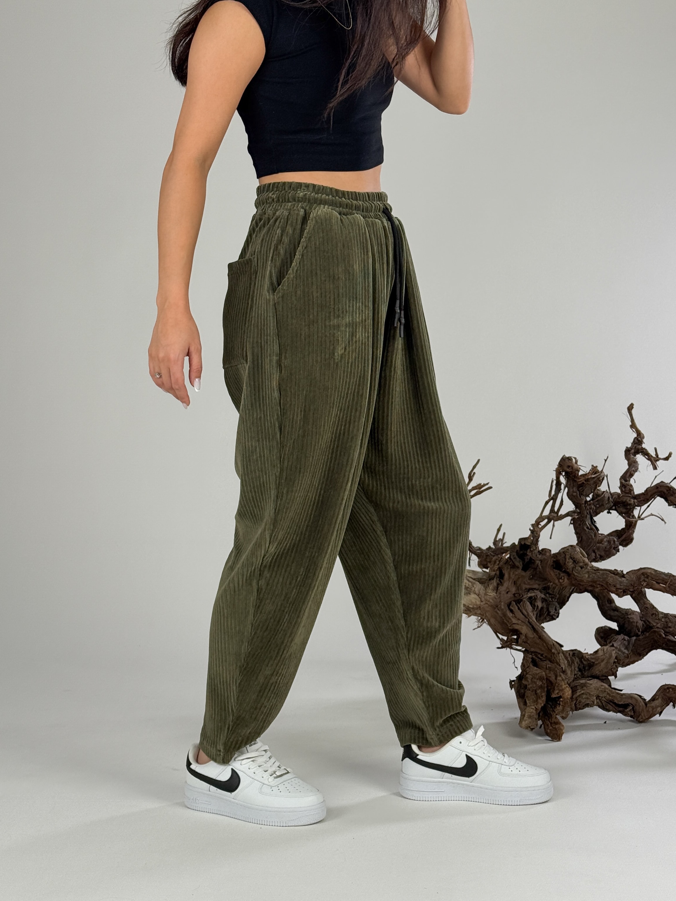 Yeşil Kadife Pileli Kadın Jogger Pantolon