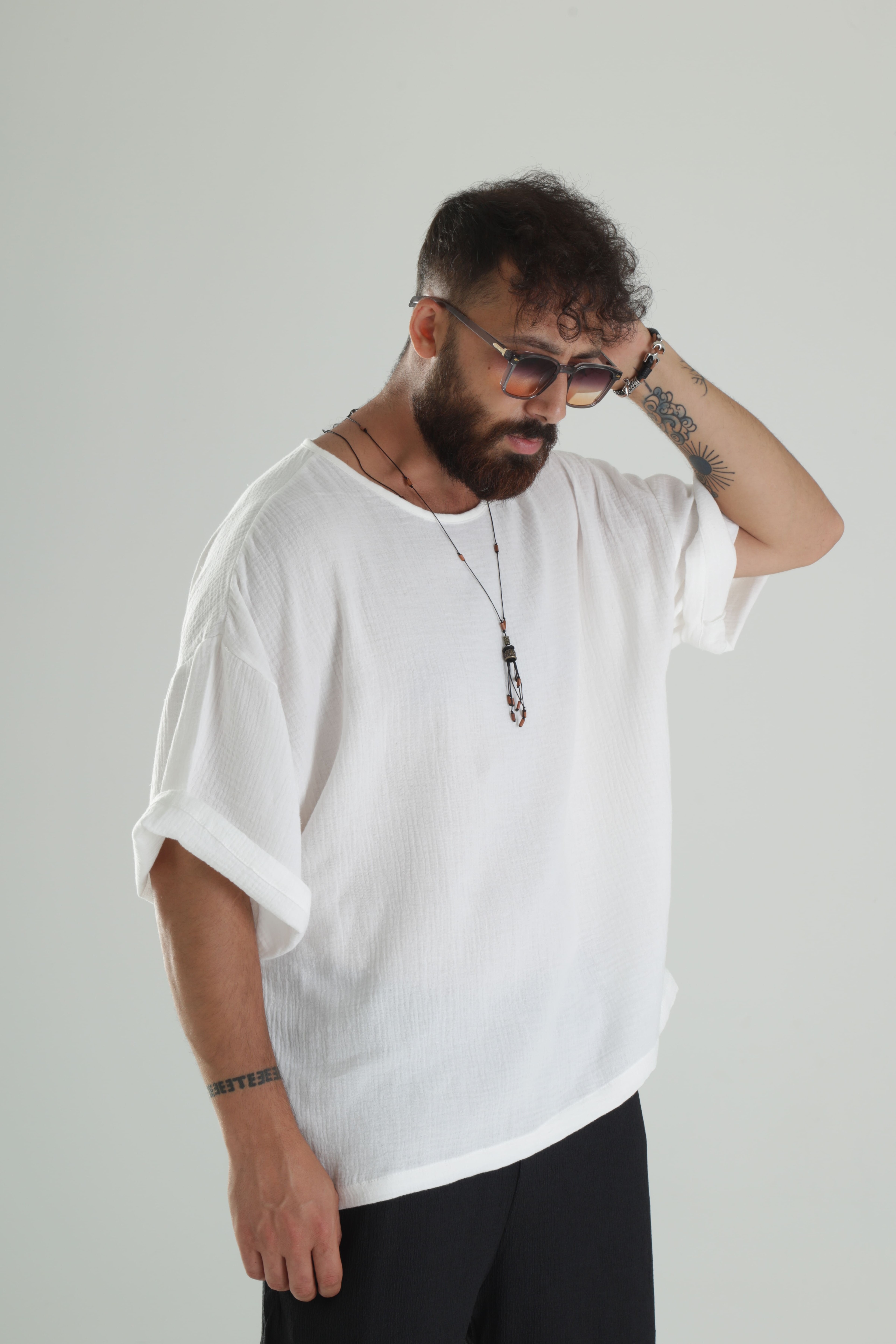 Beyaz Müslin Kumaş Oversize Fakir Kol T-Shirt