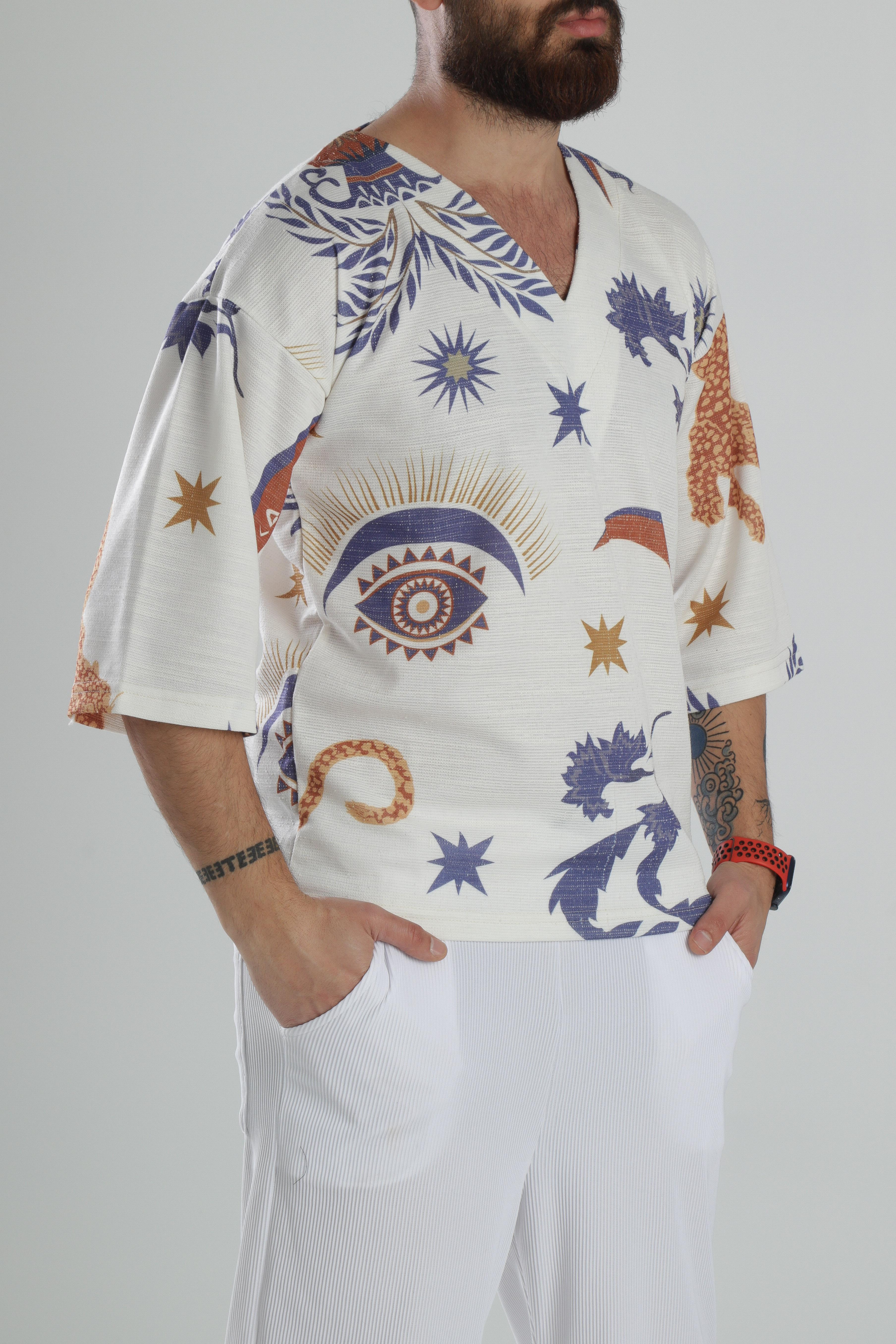 Etnik Desenli Fakir Kol T-Shirt