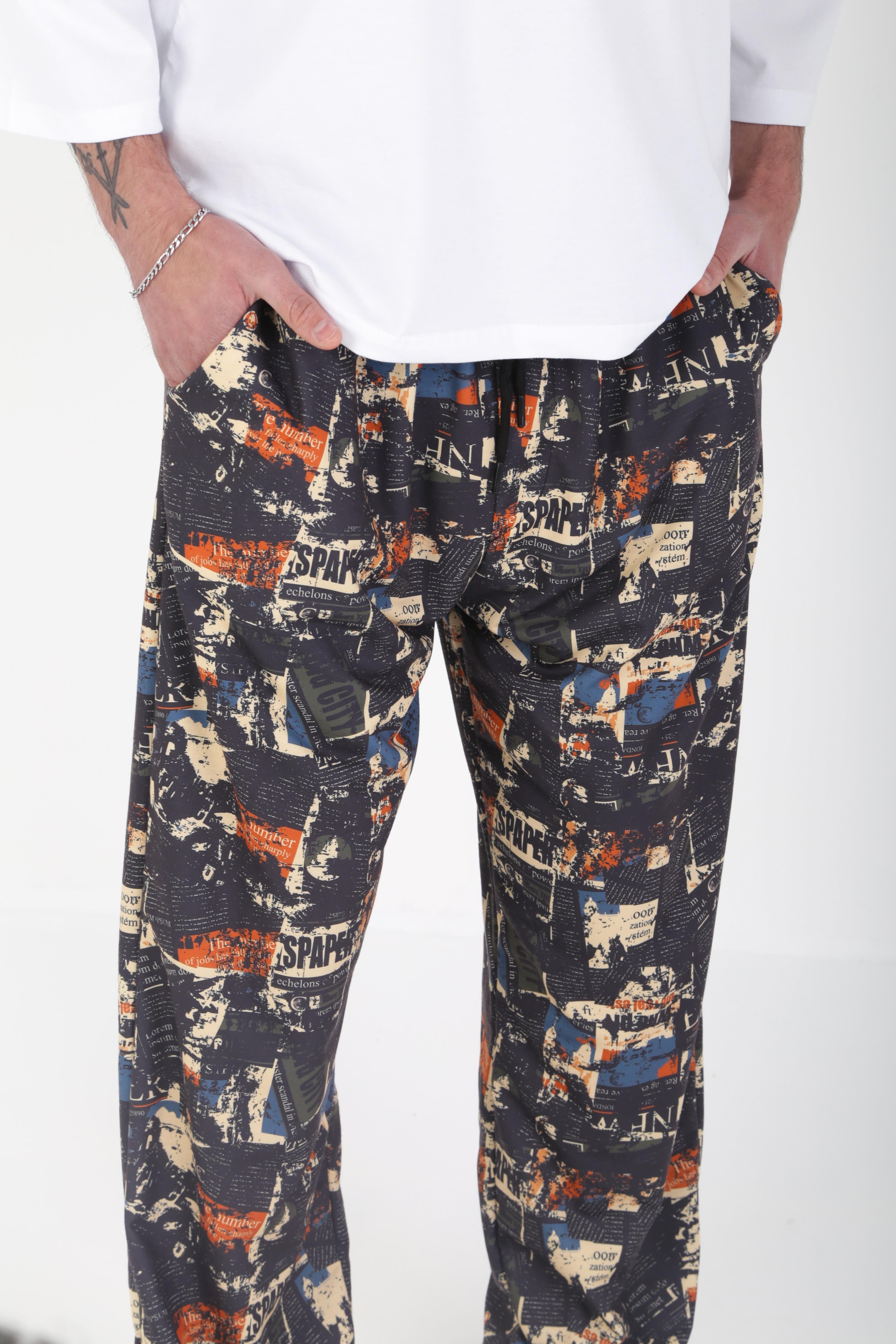 Gazete Desenli Baggy Pantolon
