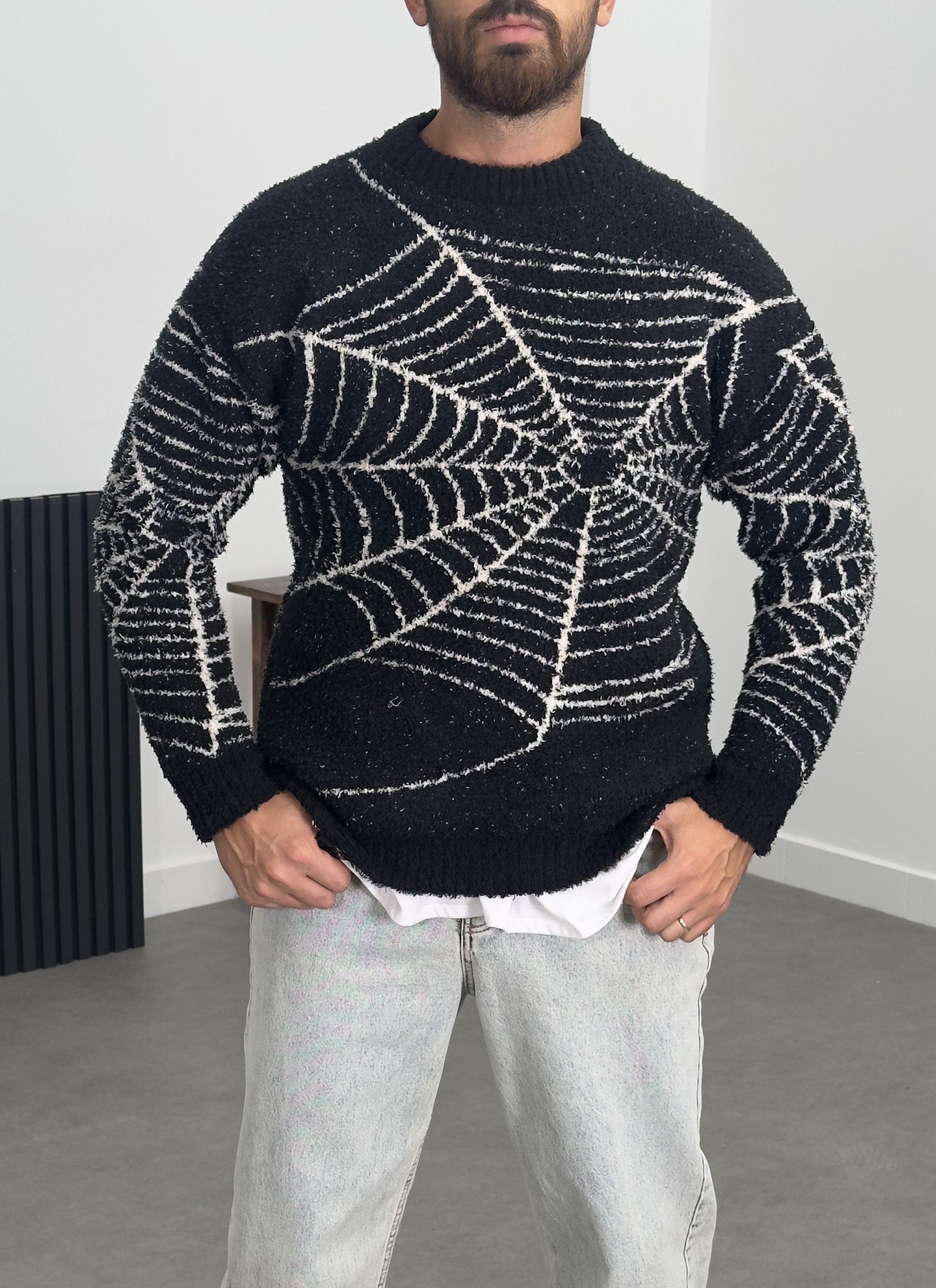 Örümcek Ağı Desenli Siyah Erkek Peluş Sweatshirt