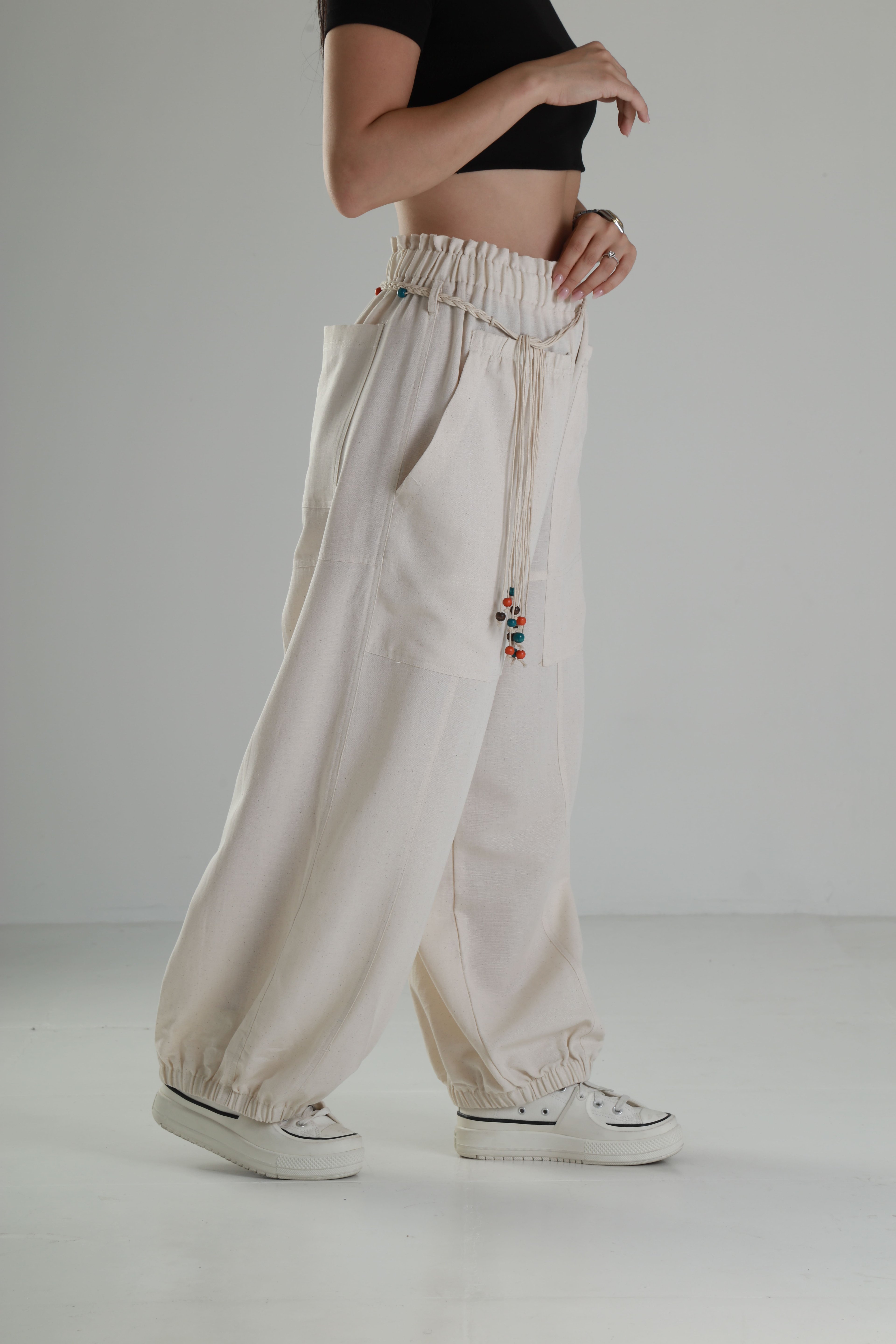 Tasarım Keten Bej Baggy Pantolon