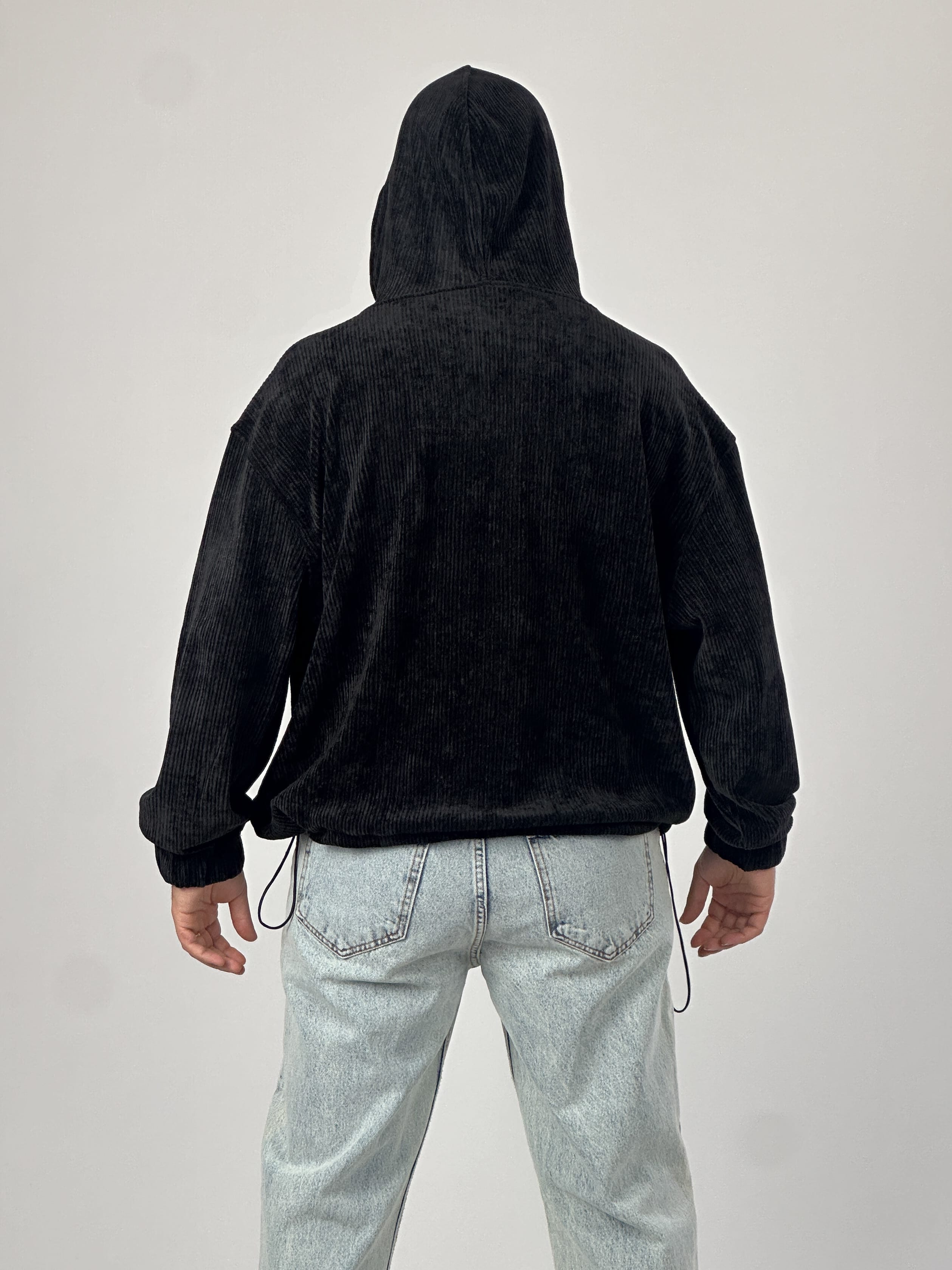 Kadife Dokulu Siyah Oversize Kapüşonlu Erkek Sweatshirt