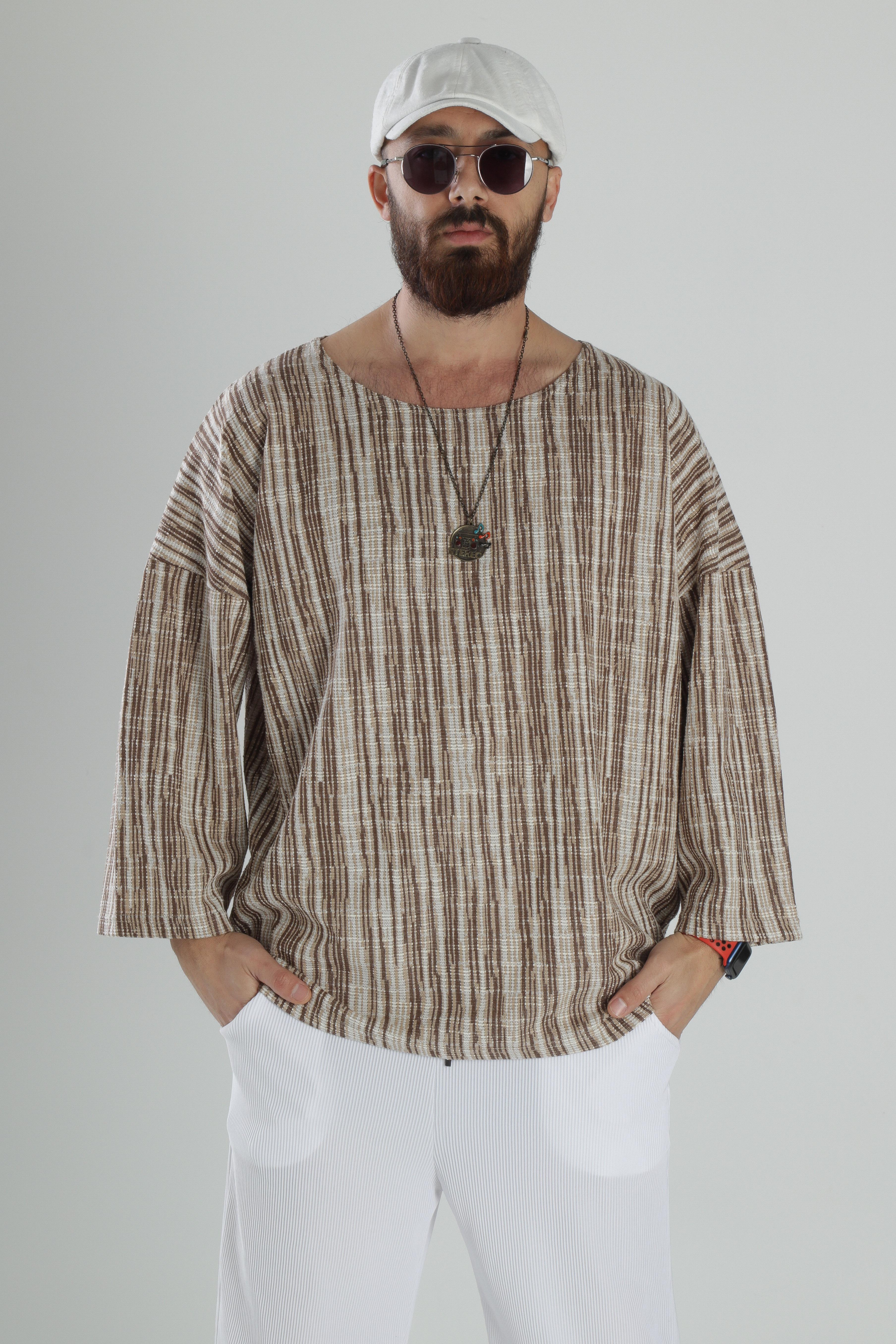 Desenli Pamuk Fakir Kol T-Shirt
