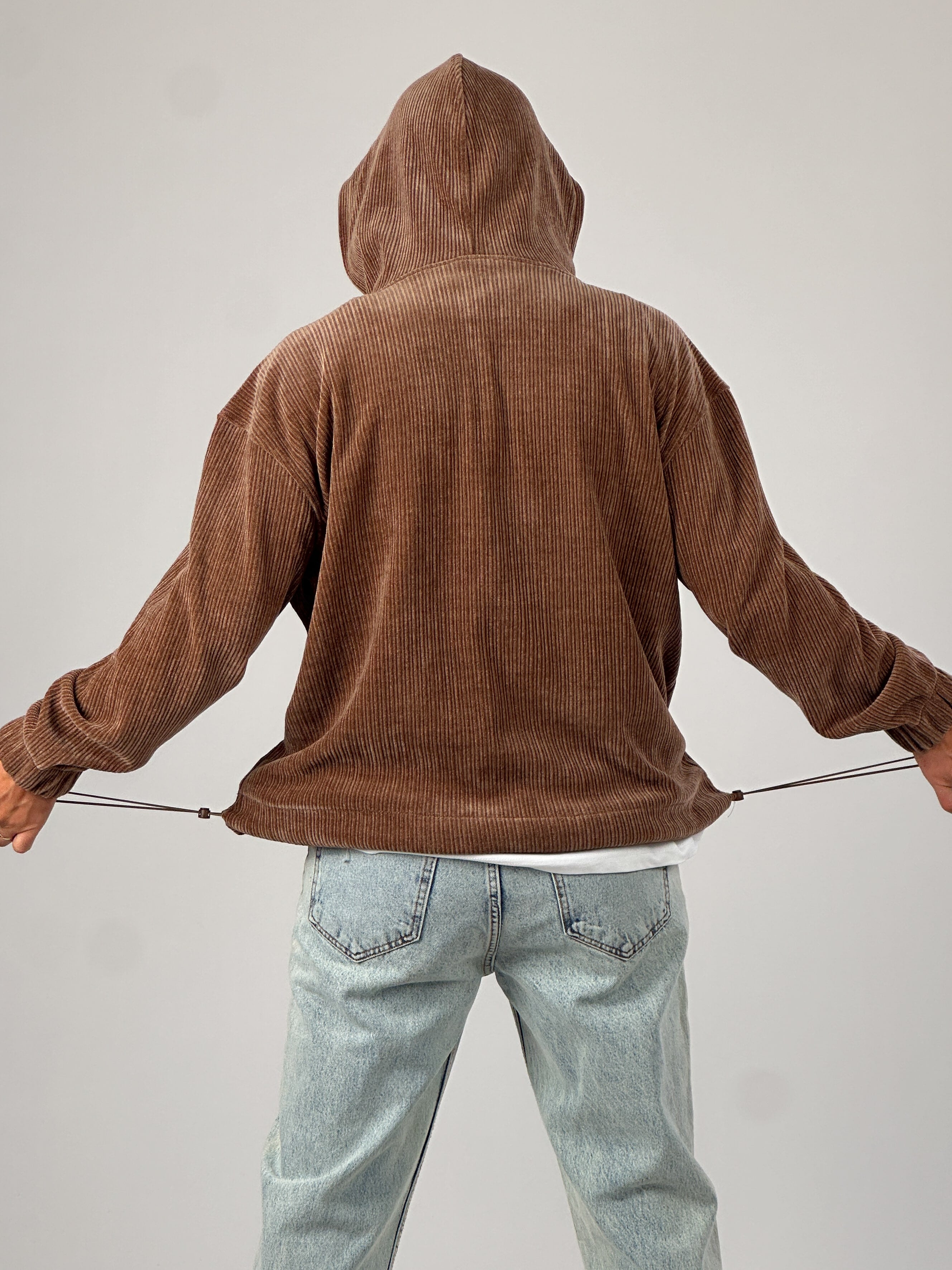 Kadife Dokulu Kahve Oversize Kapüşonlu Erkek Sweatshirt
