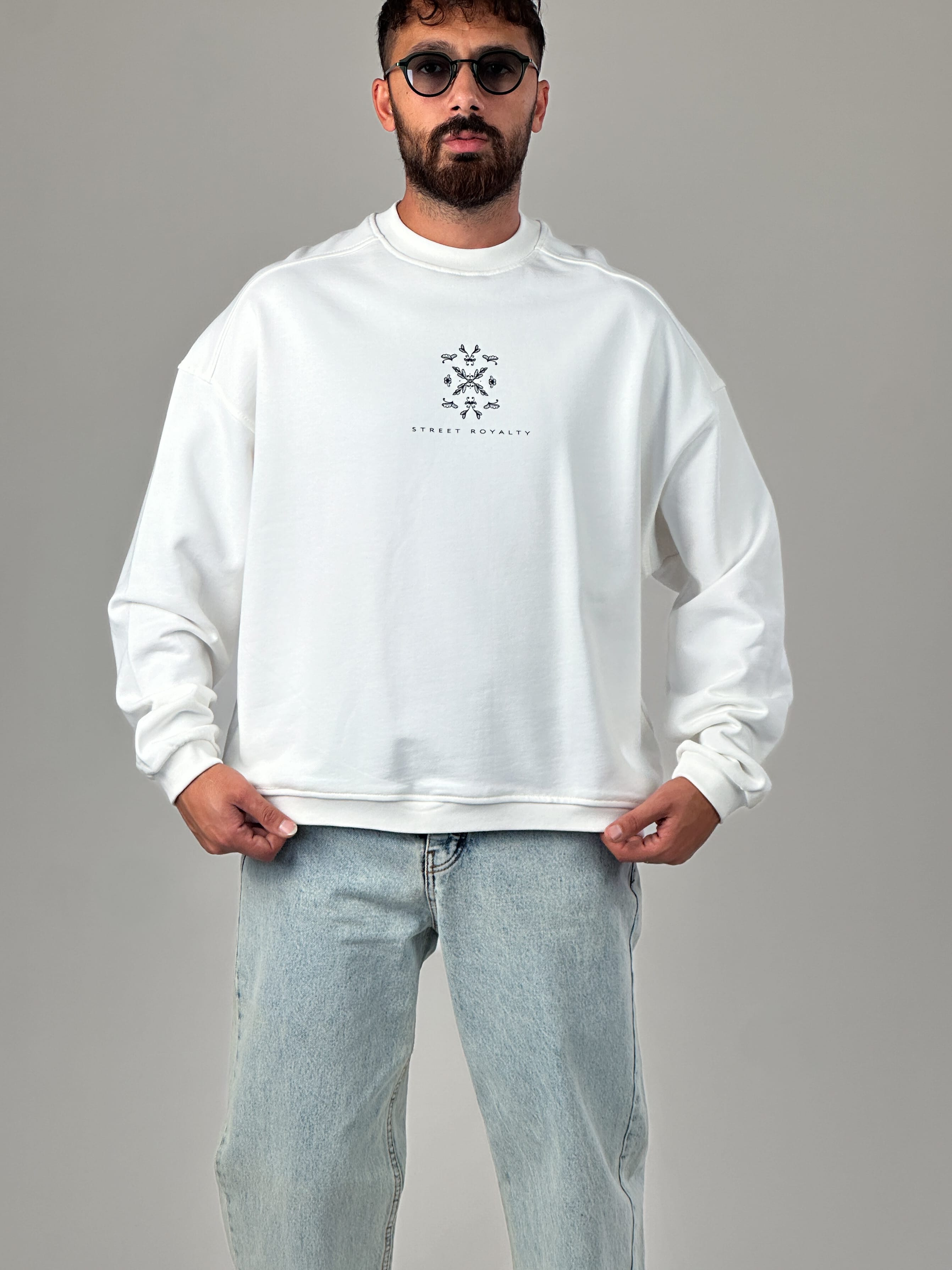 Etnik Desenli Tasarım Erkek Beyaz Sweatshirt