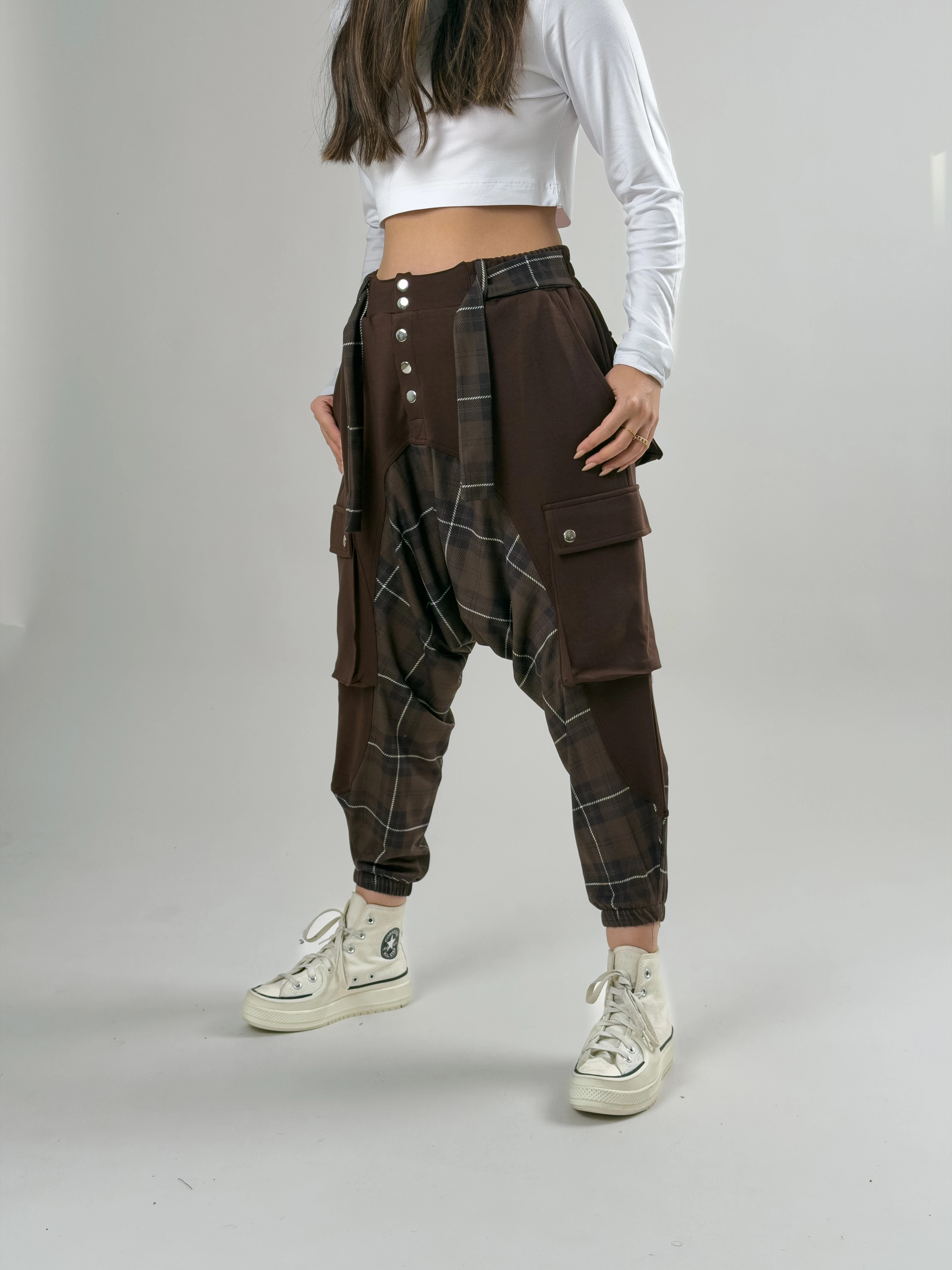 Garni Tasarım Kadın Kahve Ekose Desenli Spor Şalvar COC2618