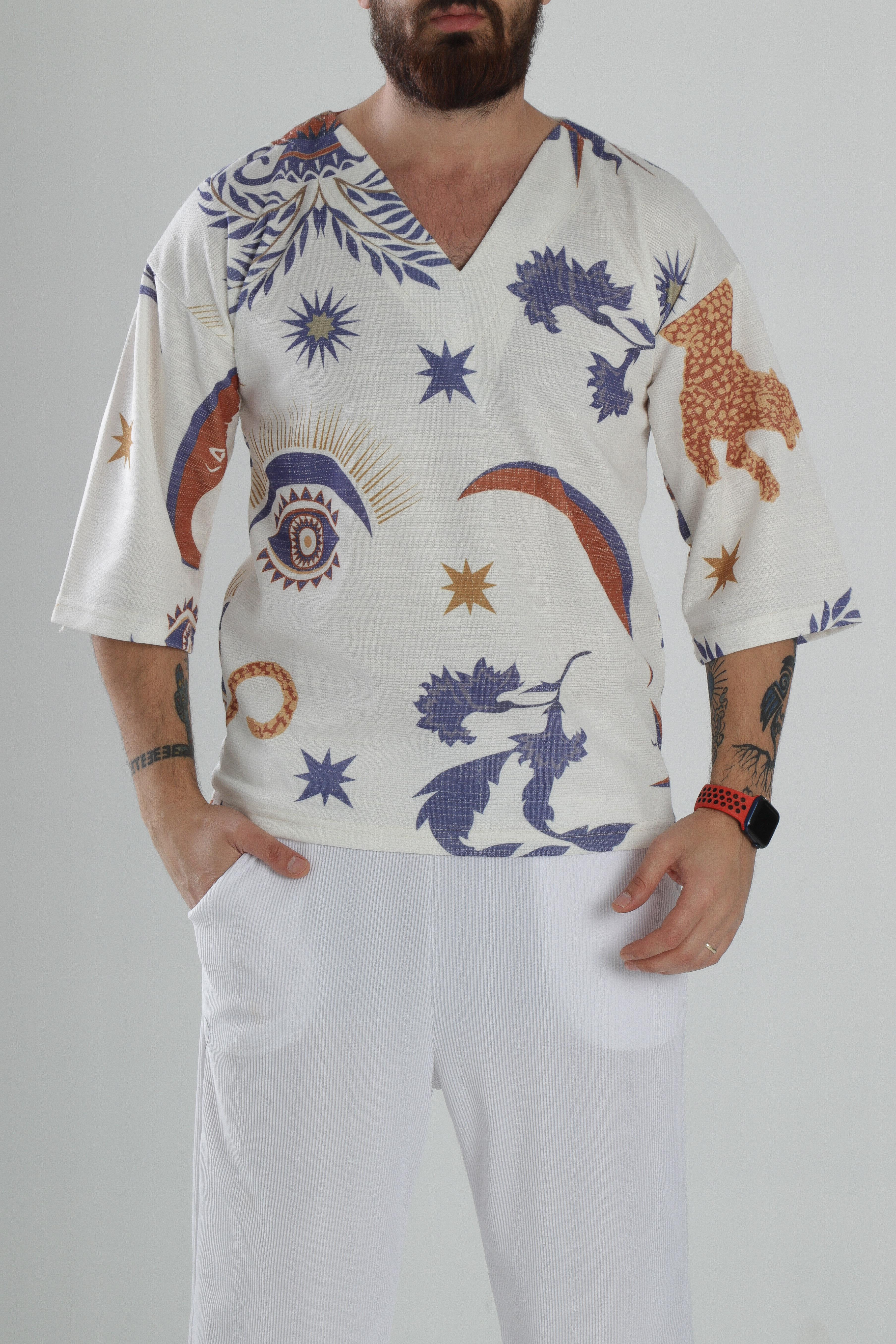 Etnik Desenli Fakir Kol T-Shirt