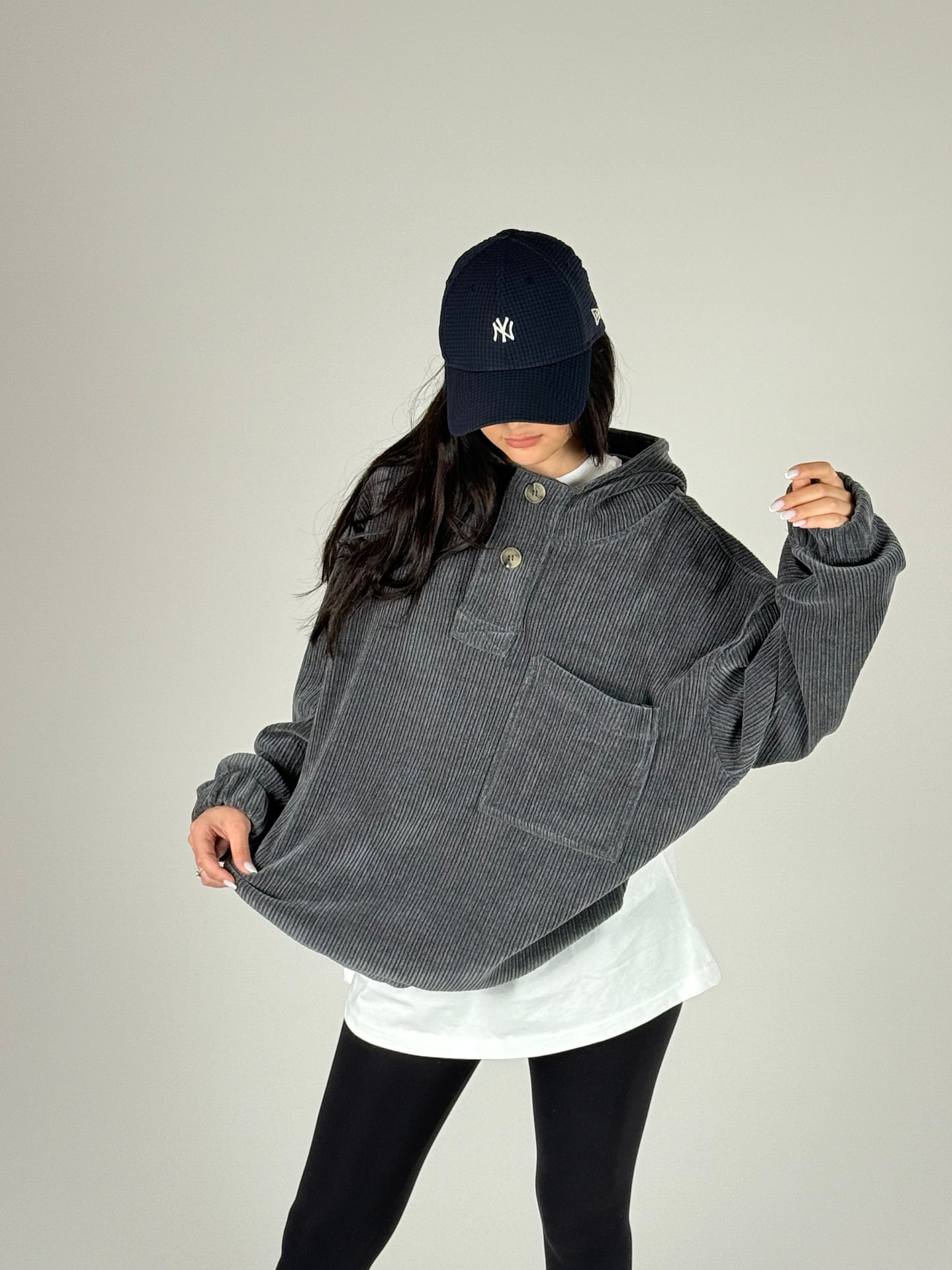 Kadife Dokulu Antrasit Oversize Kapüşonlu Kadın Sweatshirt