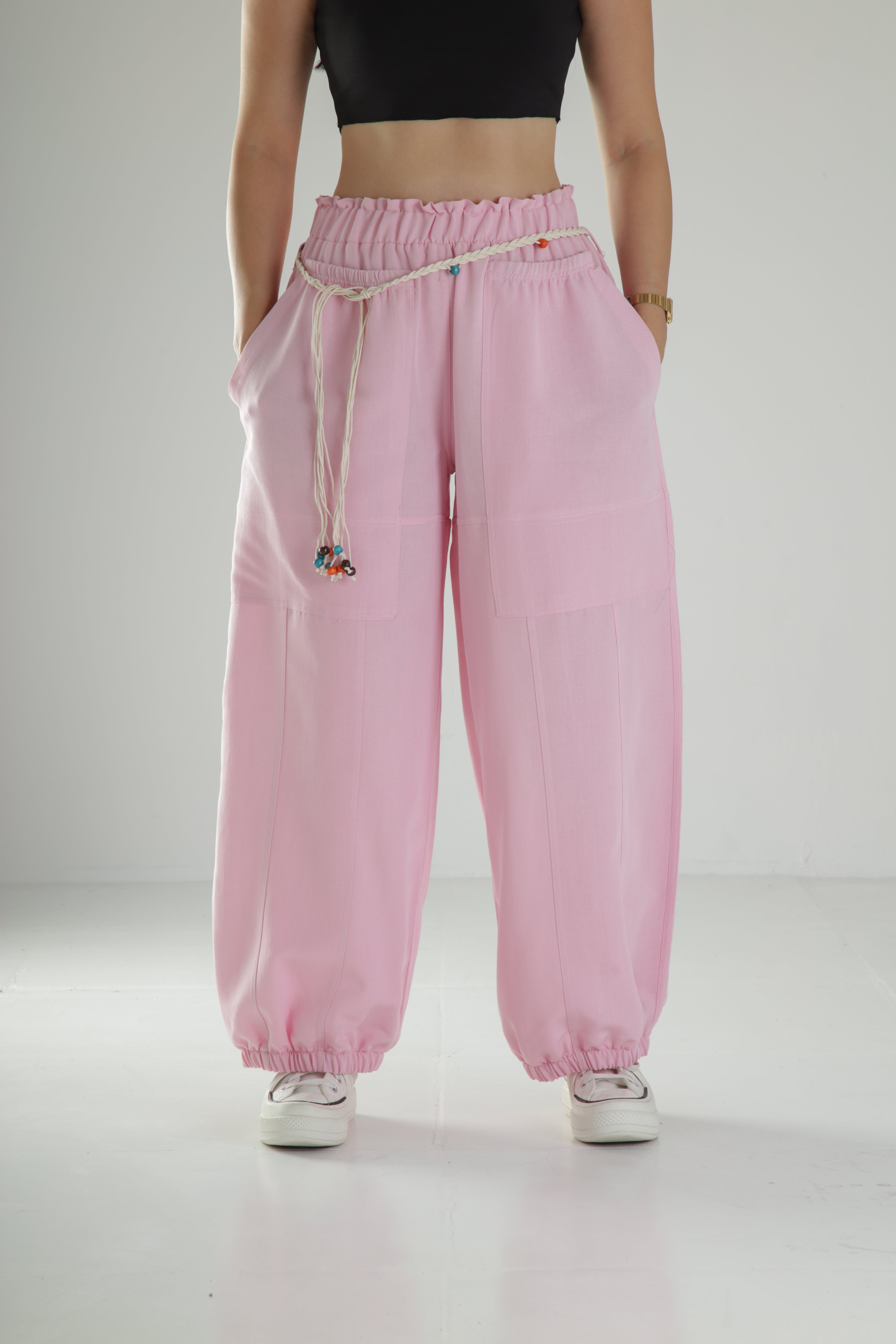 Tasarım Keten Pembe Baggy Pantolon