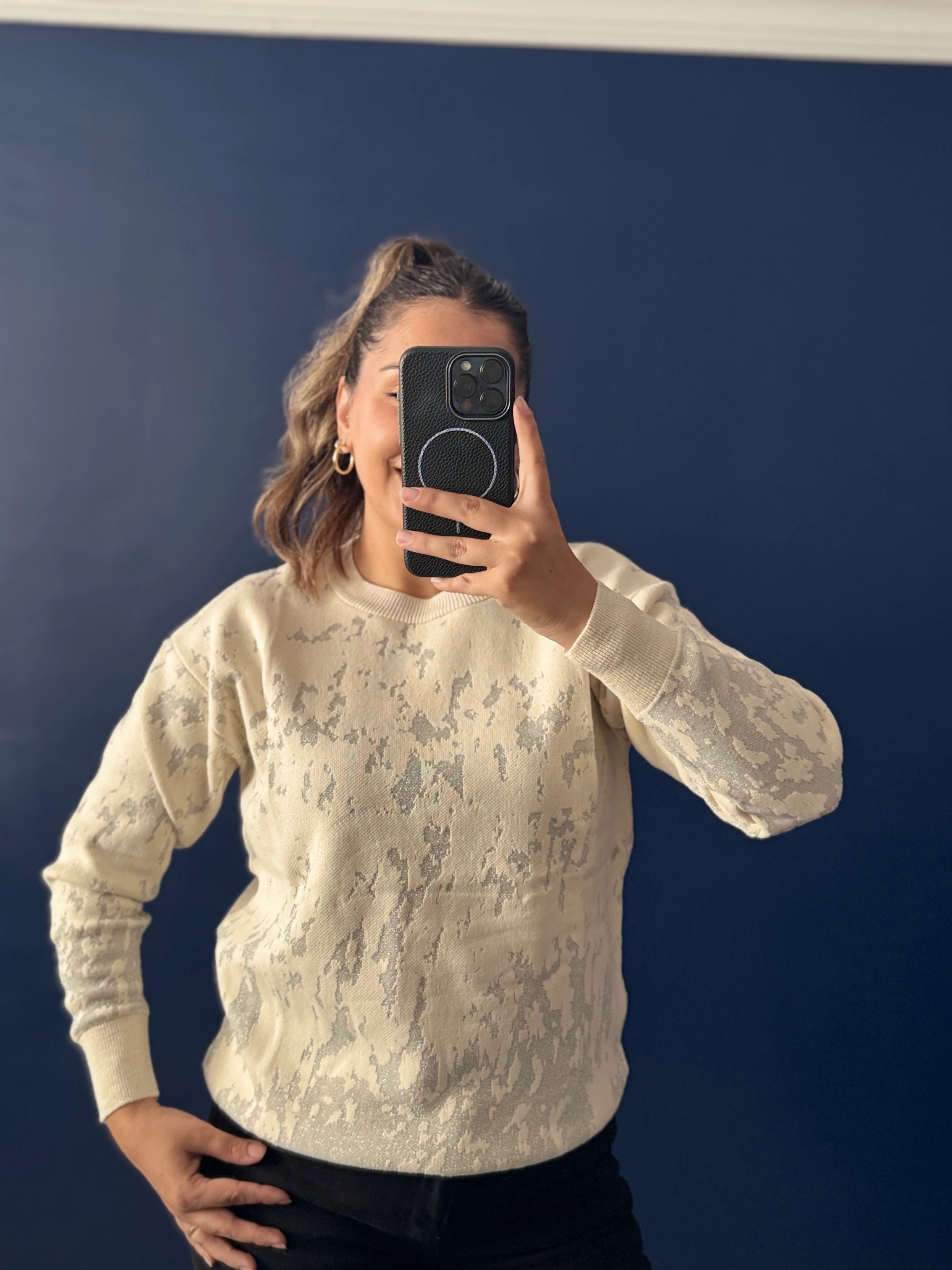 Krem Gümüş Detaylı Triko