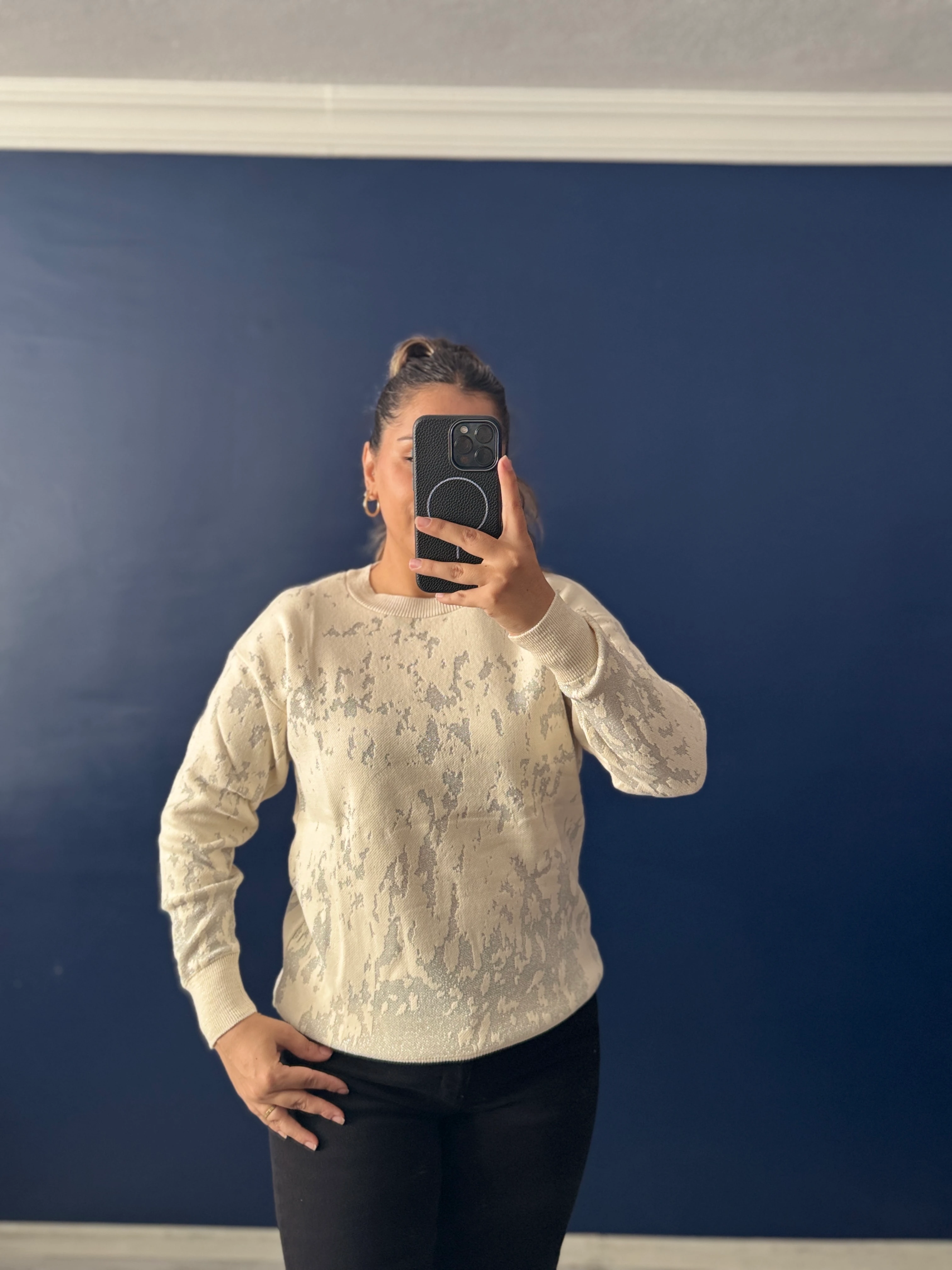 Krem Gümüş Detaylı Triko