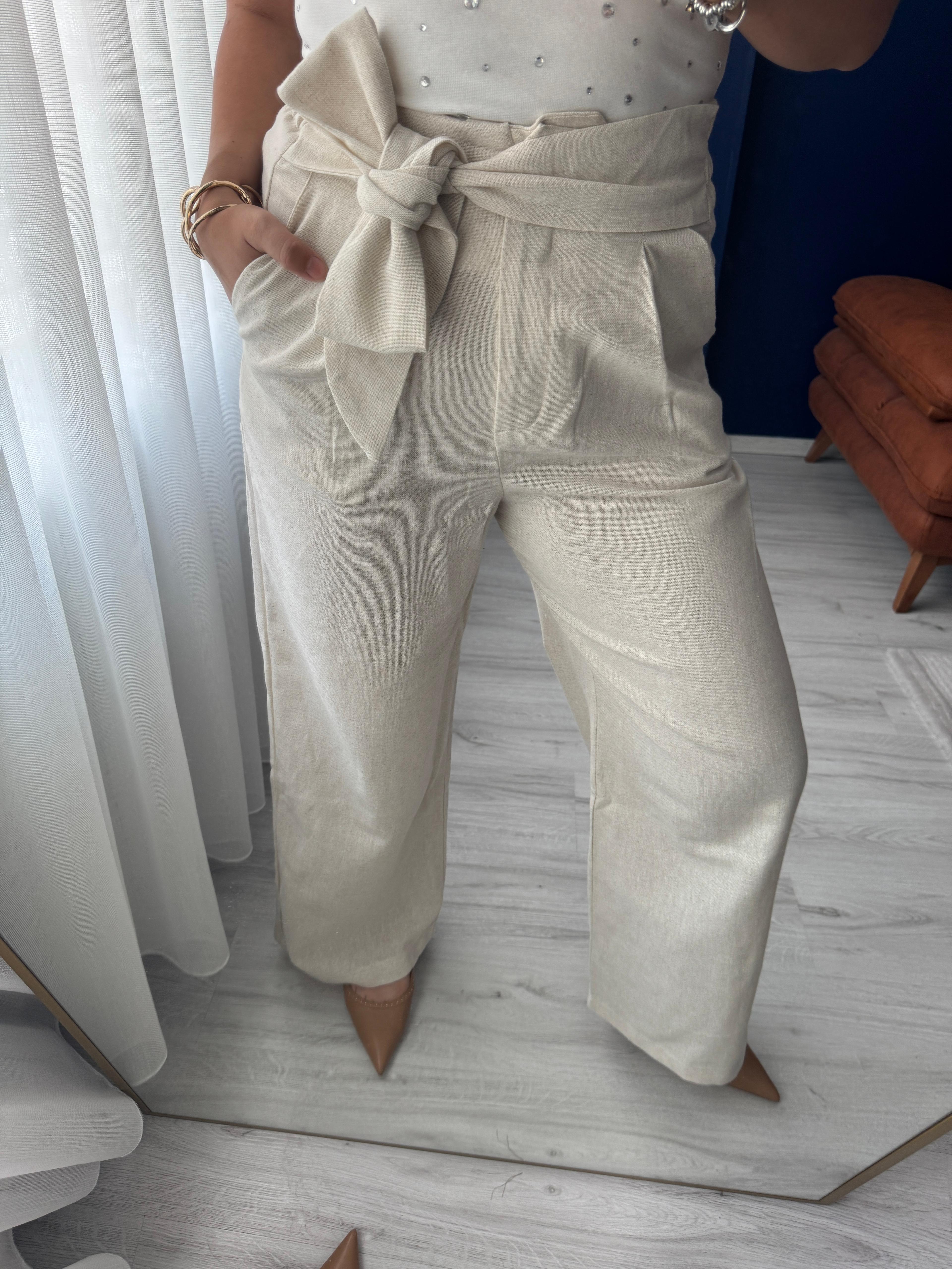Kuşak detaylı Ham Keten Pantolon