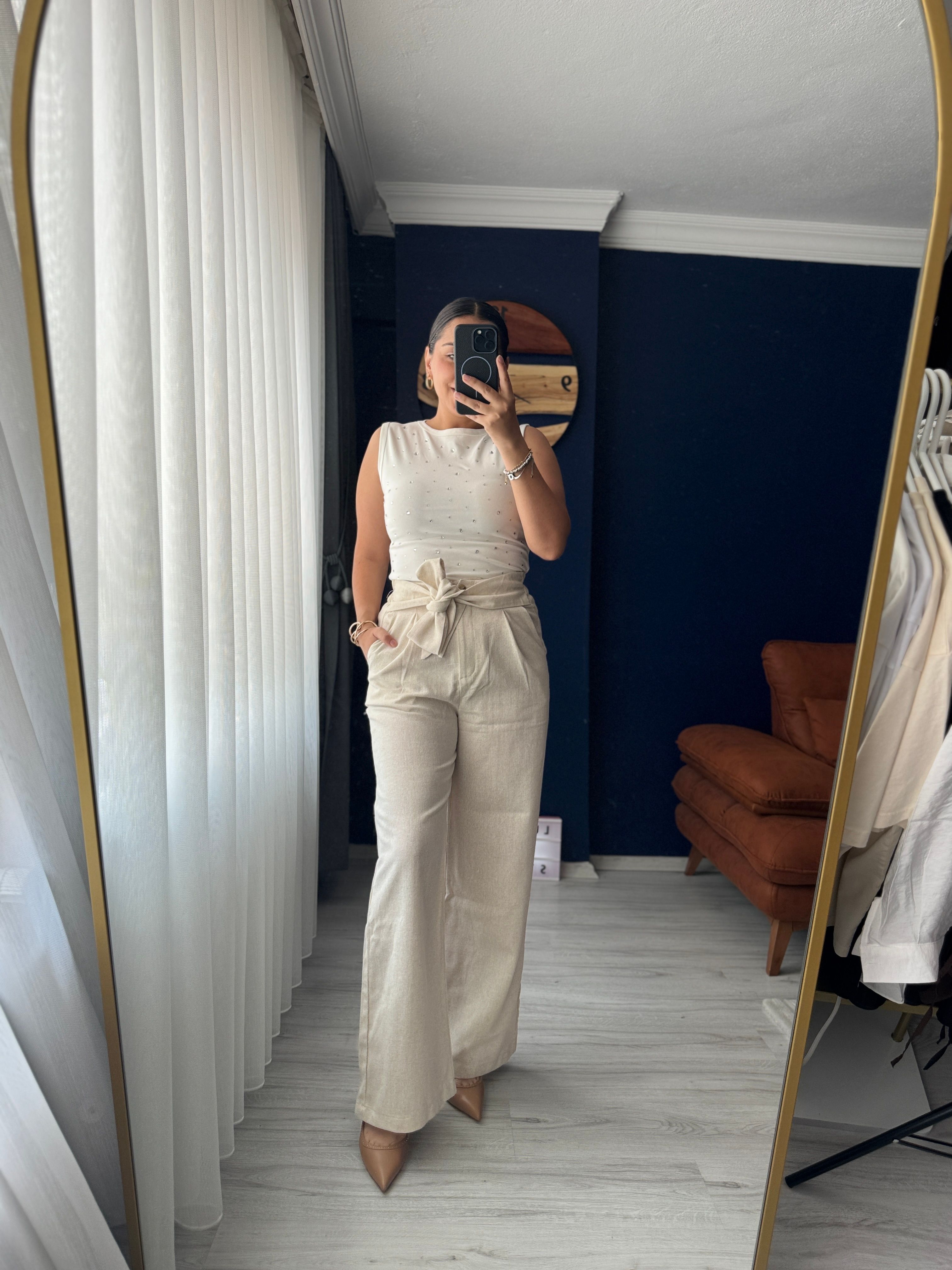 Kuşak detaylı Ham Keten Pantolon