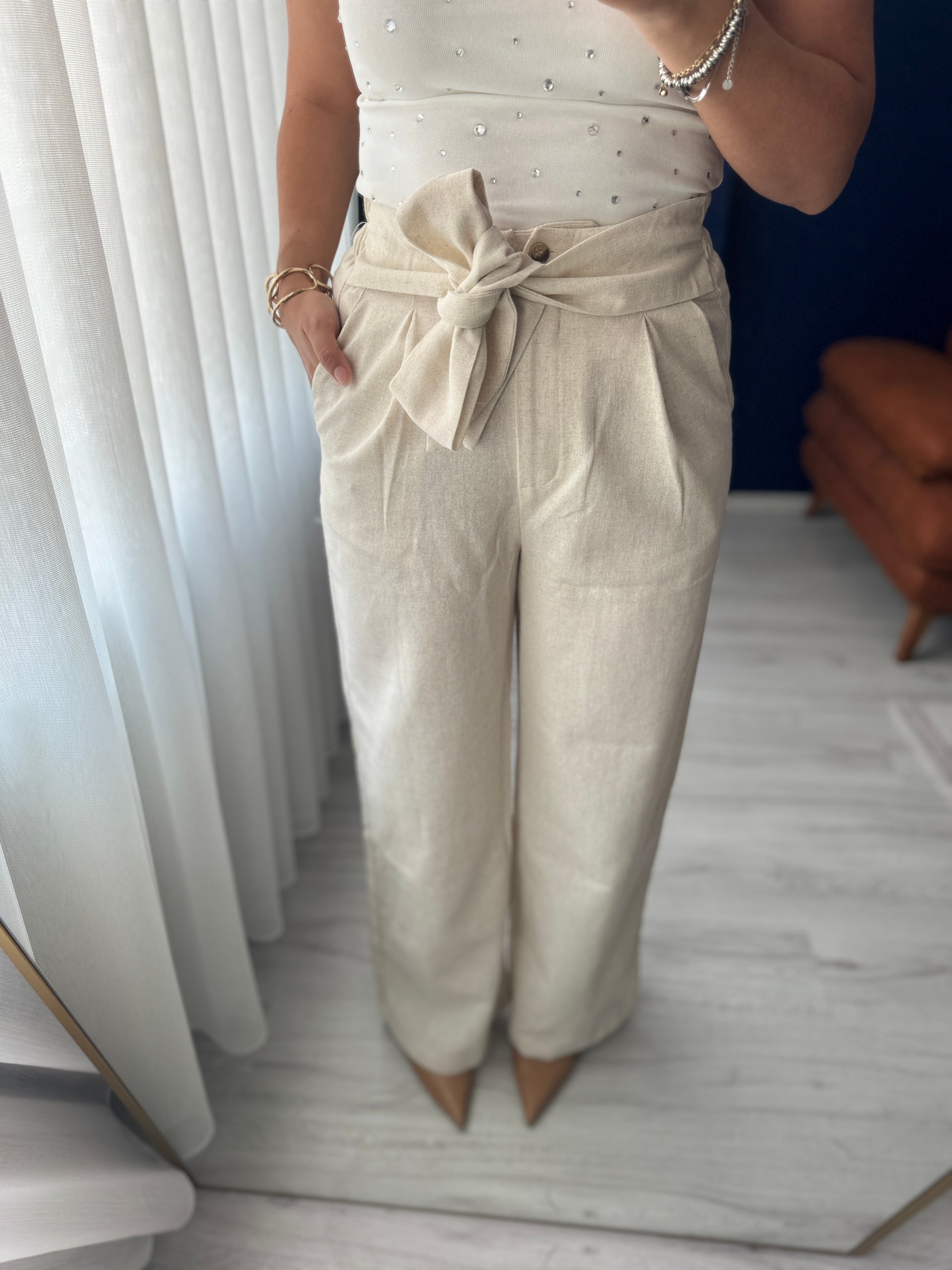 Kuşak detaylı Ham Keten Pantolon