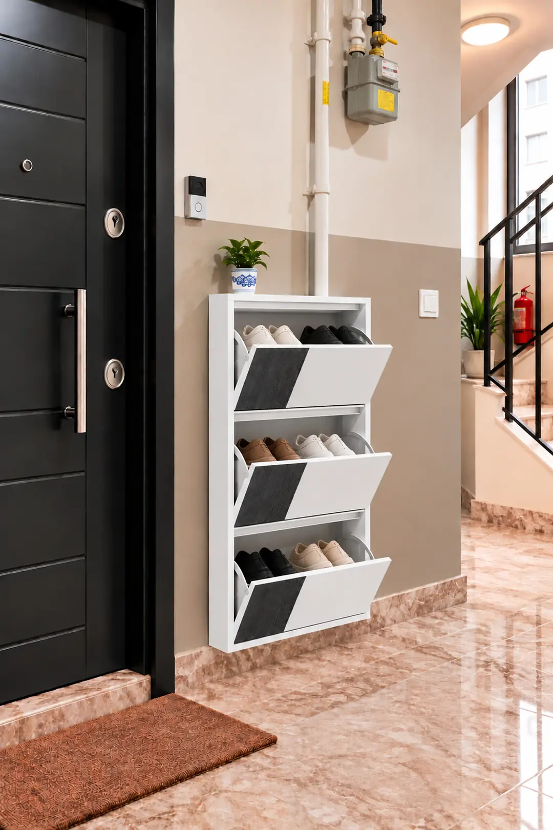 ÜÇLÜ METAL AYAKKABILIK BEYAZ AHŞAPLI ANTRASİT MDF DİKEY