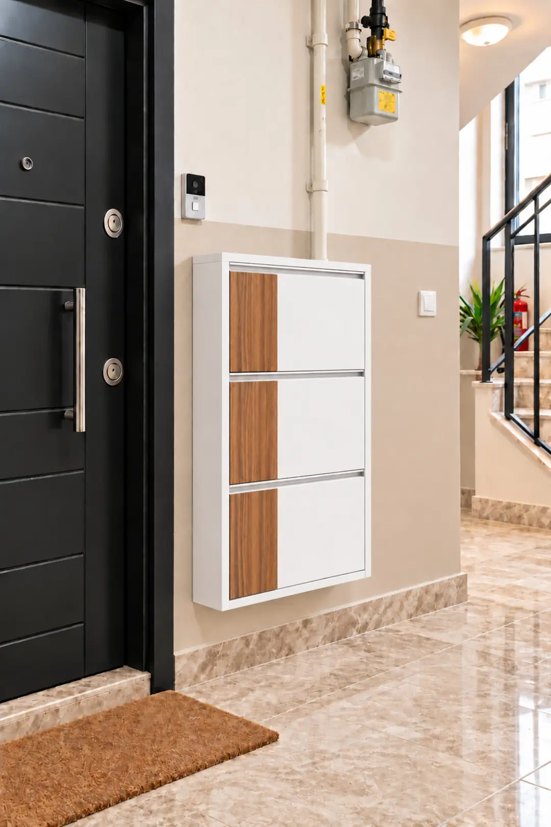 ÜÇLÜ METAL AYAKKABILIK BEYAZ AHŞAPLI ABD CEVİZ MDF DİKEY