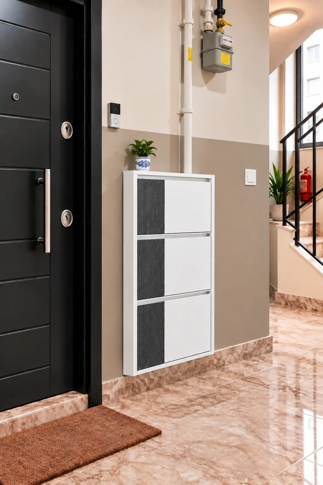 ÜÇLÜ METAL AYAKKABILIK BEYAZ AHŞAPLI ANTRASİT MDF DİKEY