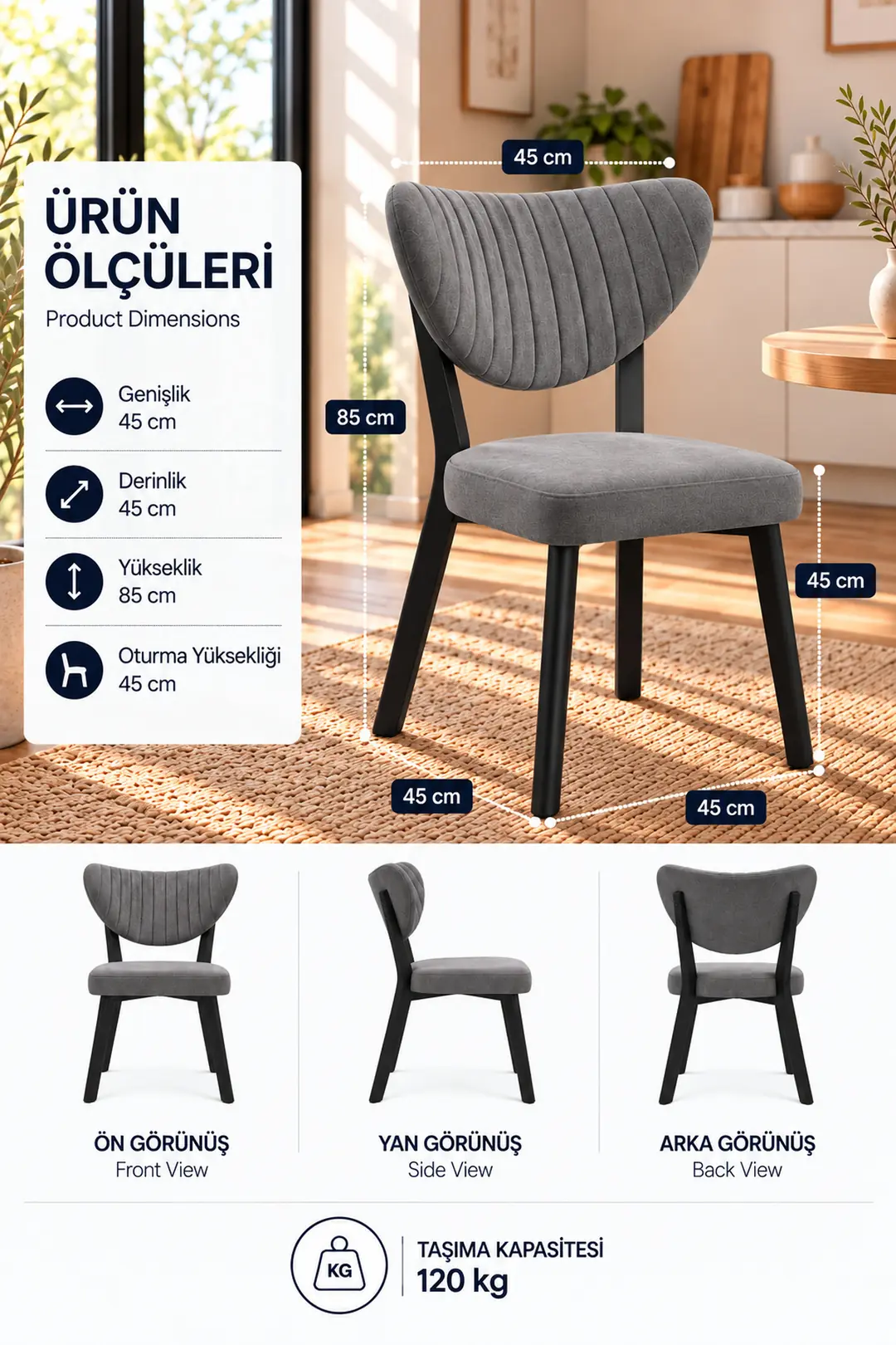 ELMA SANDALYE GRİ KUMAŞ SİYAH AYAK MUTFAK SANDALYESİ