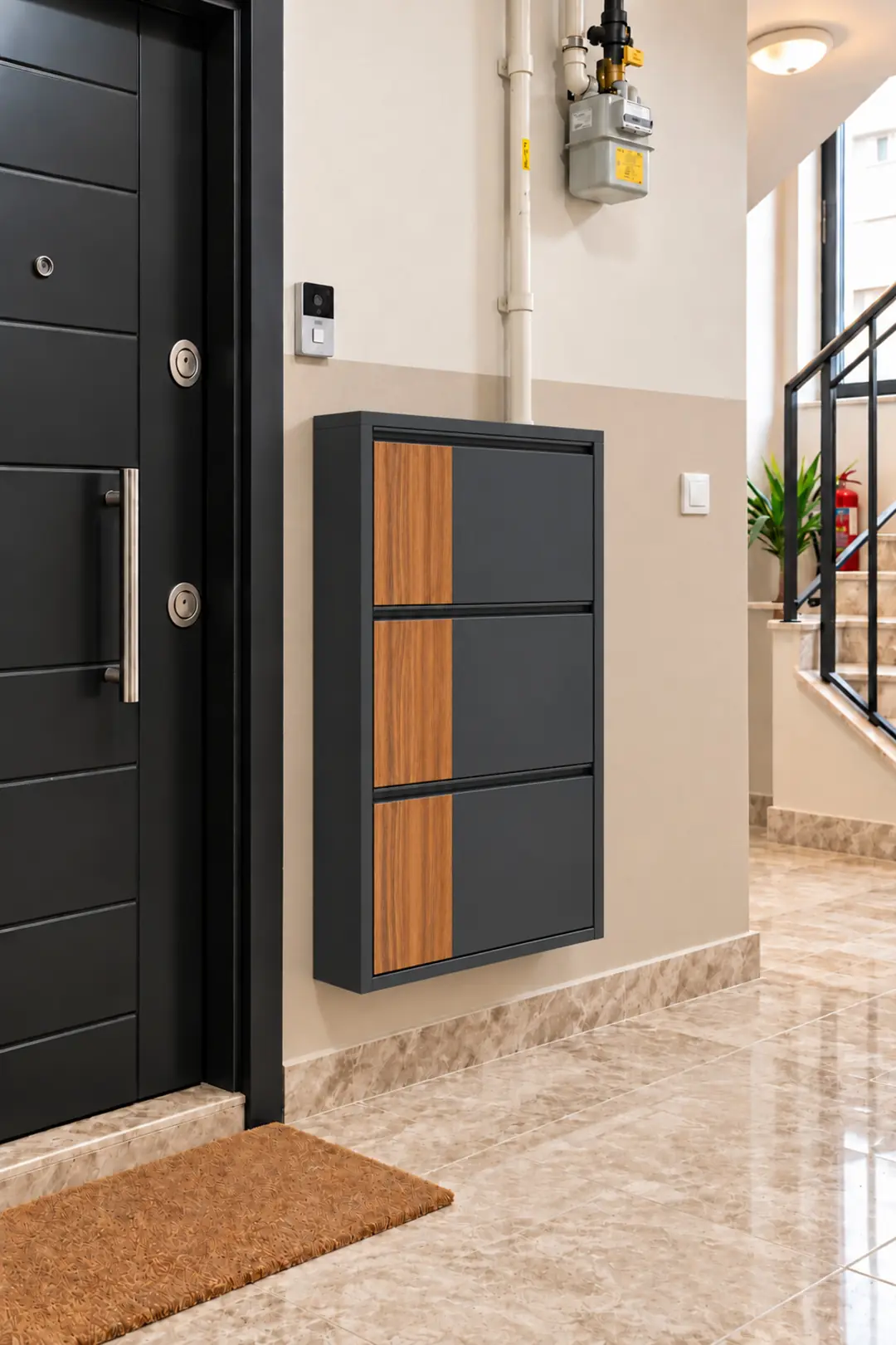 ÜÇLÜ METAL AYAKKABILIK ANTRASİT AHŞAPLI ABD CEVİZ MDF DİKEY
