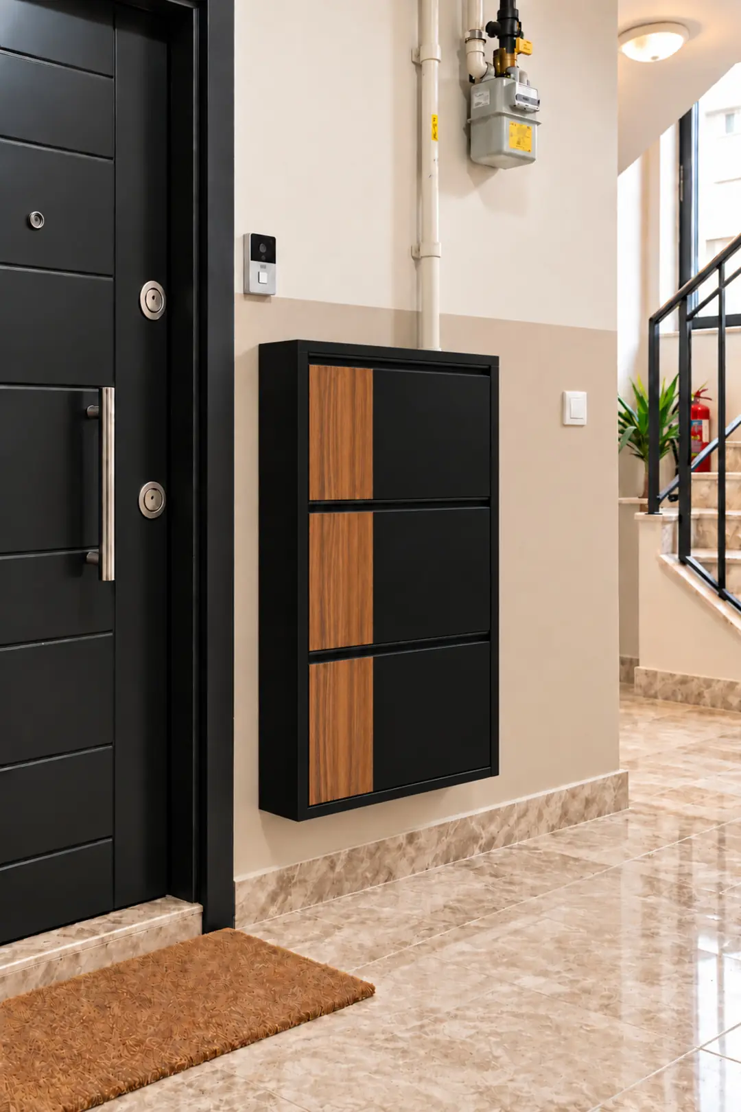 ÜÇLÜ METAL AYAKKABILIK SİYAH AHŞAPLI ABD CEVİZ MDF DİKEY