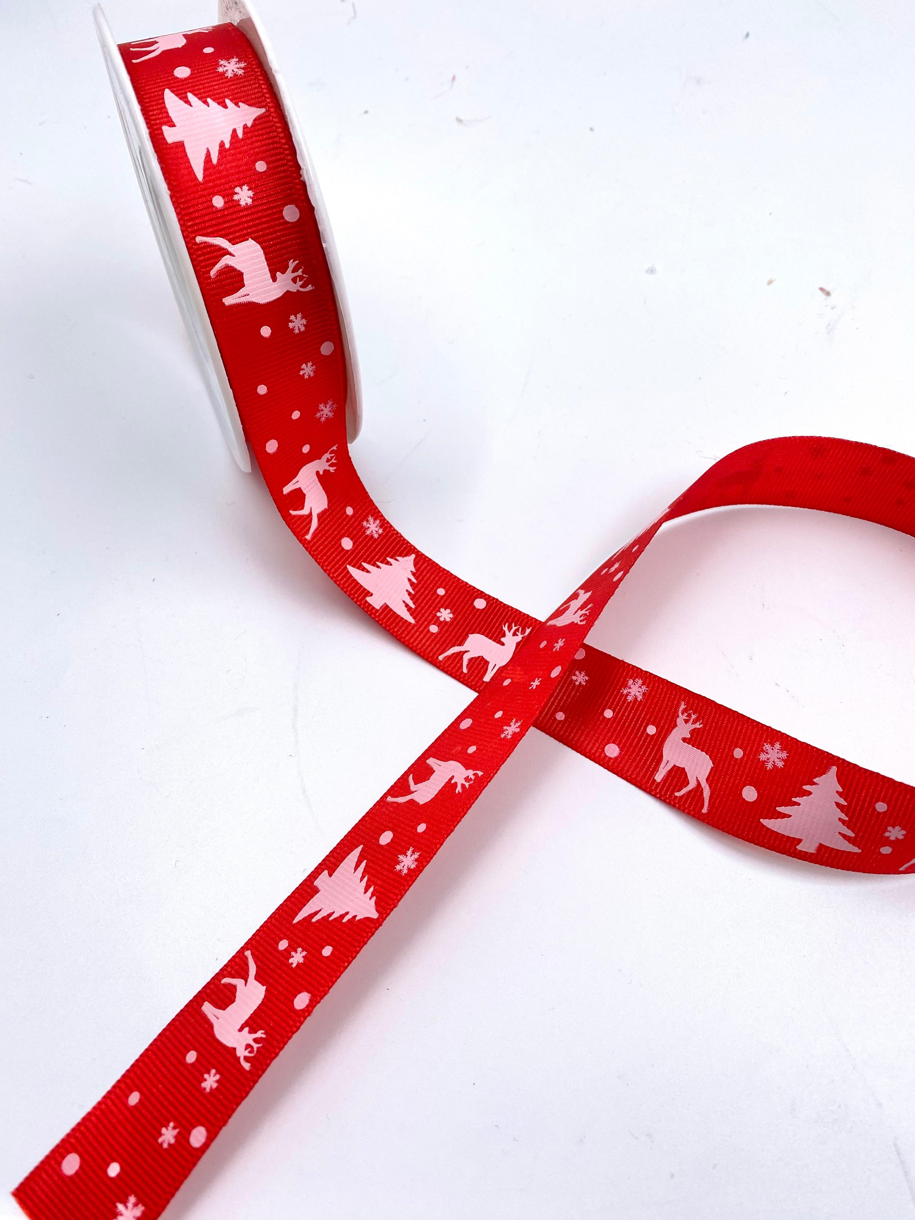 Yılbaşı Temalı Geyikli Kırmızı Kurdele 2cm