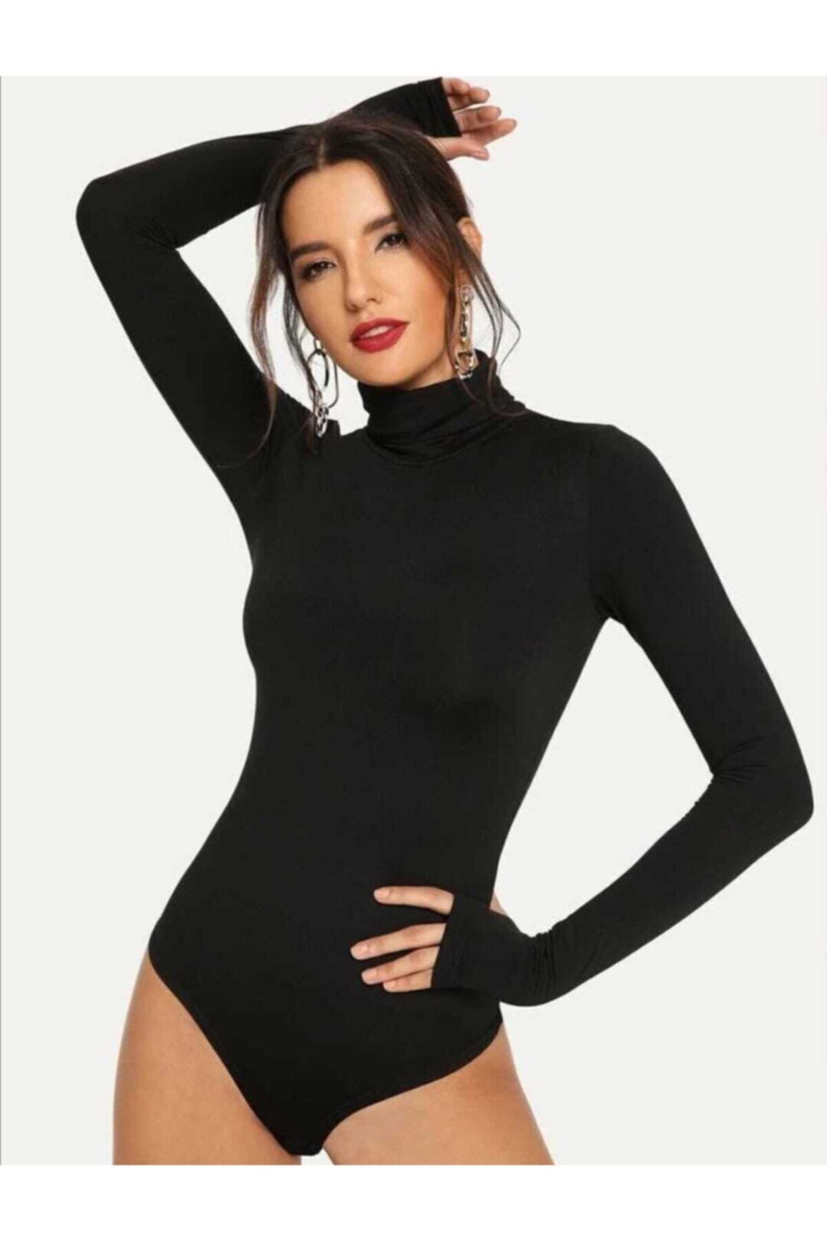 Kadın Balıkçı Yaka Boğazlı Parmak Geçirmeli Bodysuit