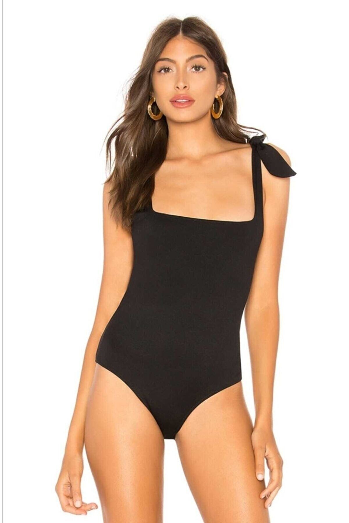 Kadın Siyah Omuzdan Bağlamalı Bodysuit